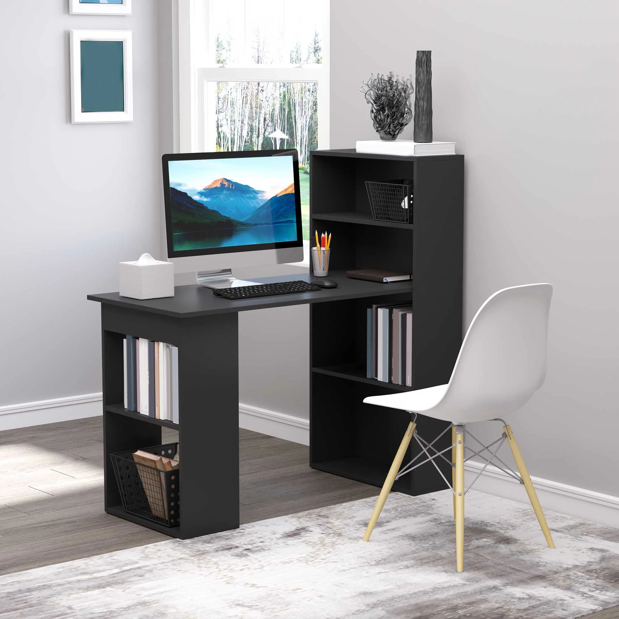 120cm Modern Computer Desk Bookshelf Study Table Workstation PC Laptop Writing Home Office 6 Shelves Black - Image 2