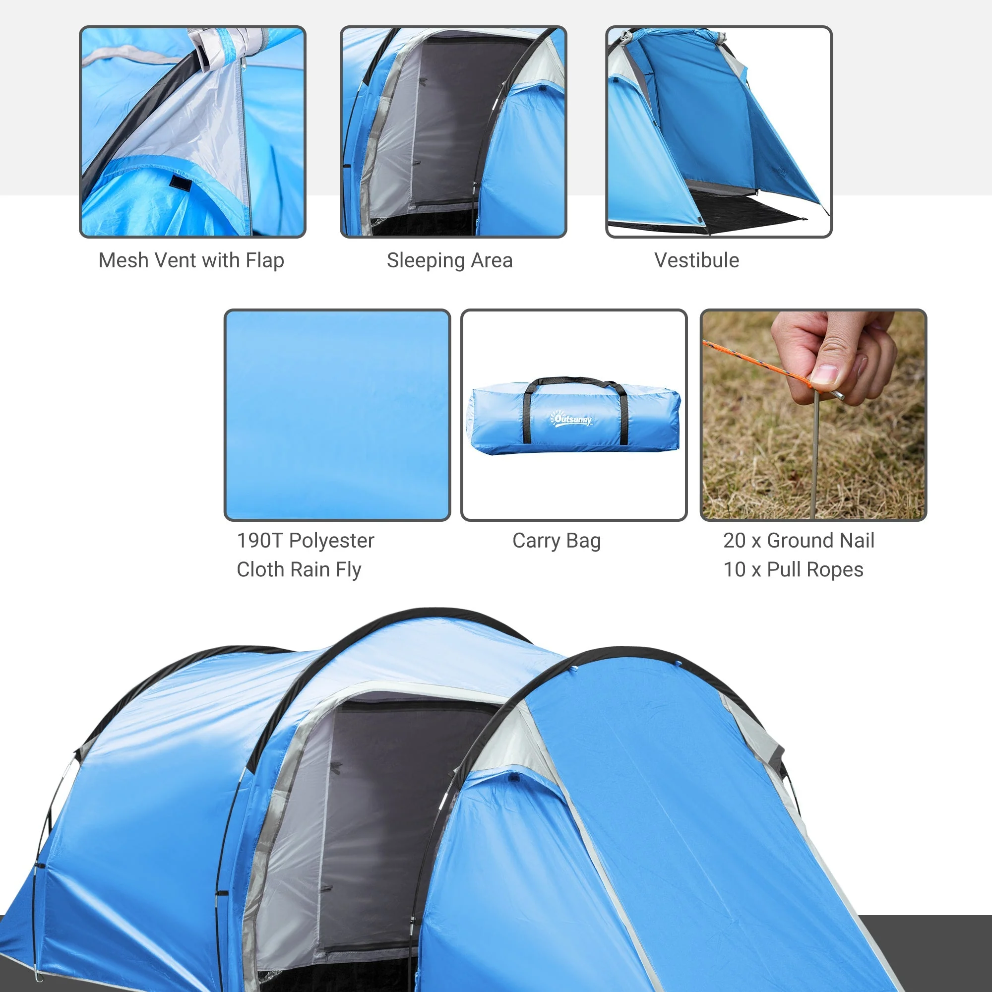 2-3 Man Tunnel Tents w/ Vestibule Camping Tent Porch Air Vents Rainfly Weather-Resistant Shelter Fishing Hiking Festival Shelter Home - Image 6