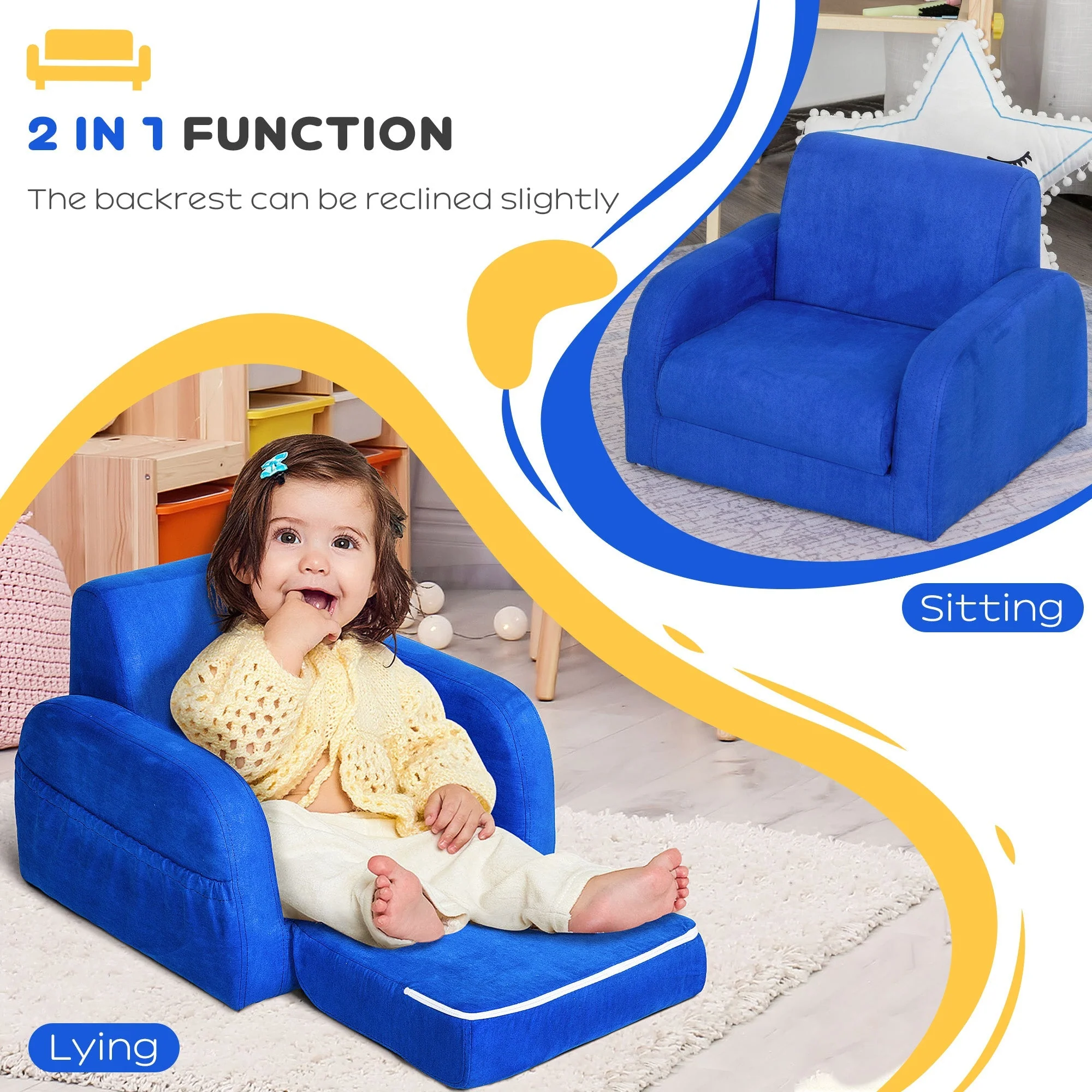 2 In 1 Kids Children Sofa Chair Bed Folding Couch Soft Flannel Foam Toddler Furniture for 3-4 years old Playroom Bedroom Living Room - Image 5
