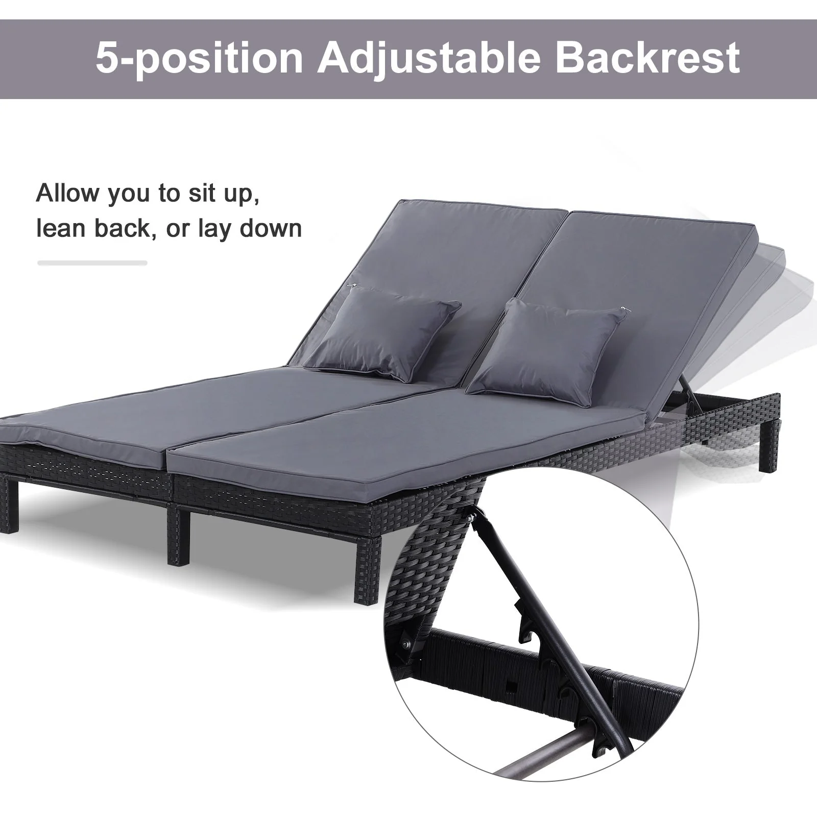 2 Seater Rattan Lounger Adjustable Double Chaise Chair Loveseat w/ Cushion Black - Image 7