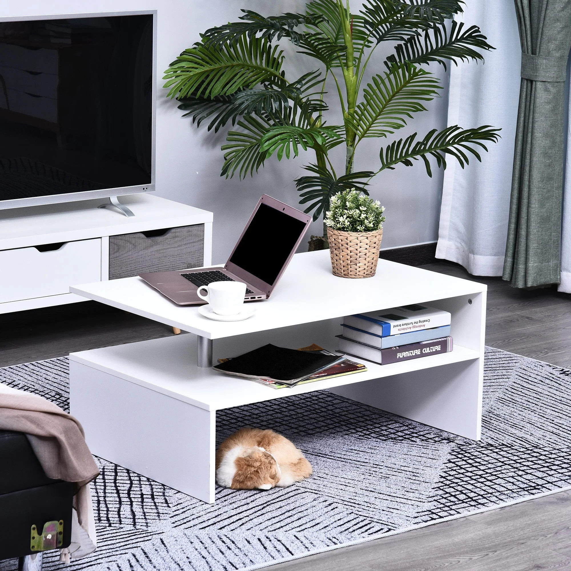 2-Tier Coffee Table Side/End Table Modern Rectangular Design w/ Open Shelf Living Room Entryway Hallway Furniture White - Image 9