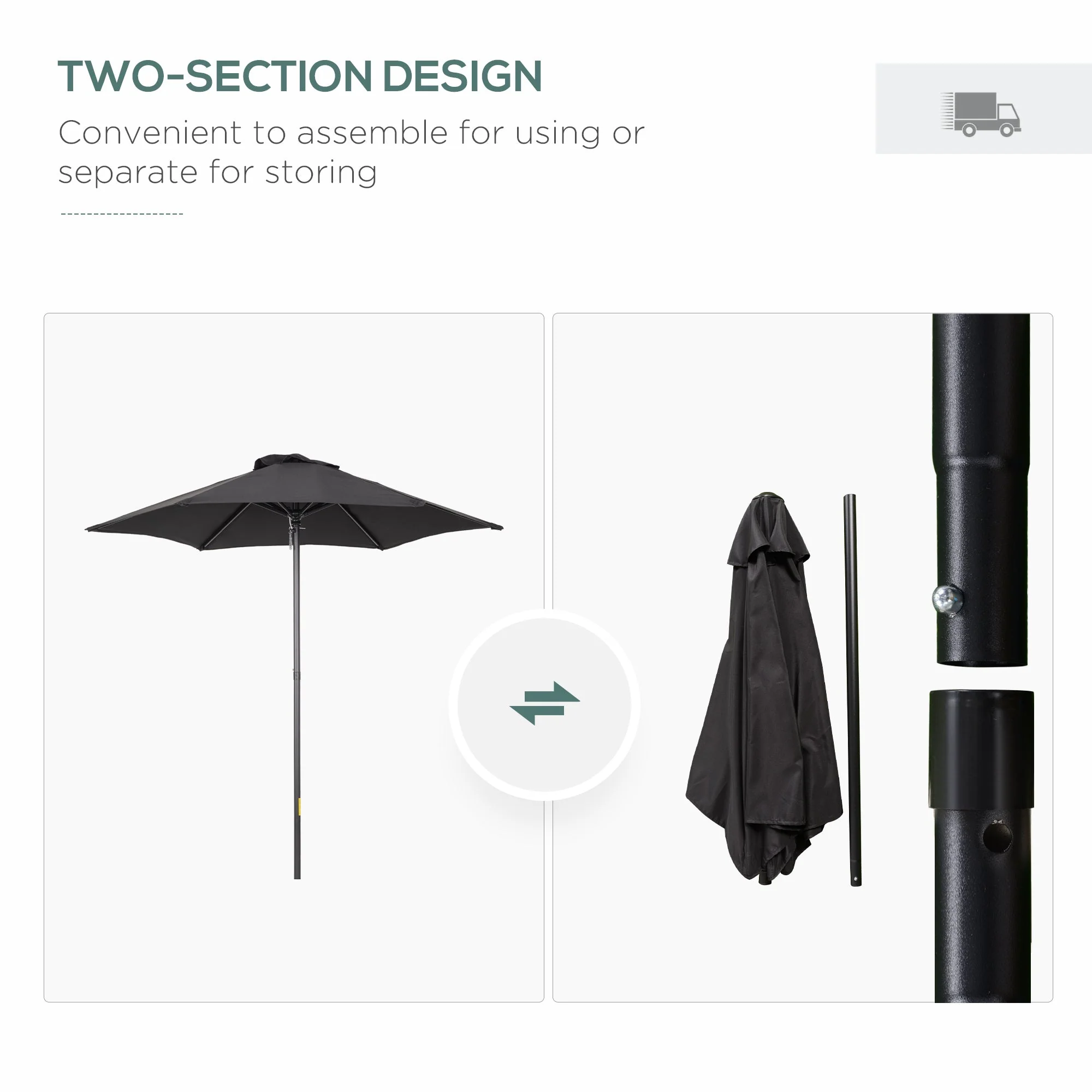 2m Aluminium Pole Garden Parasol - Black - Image 4