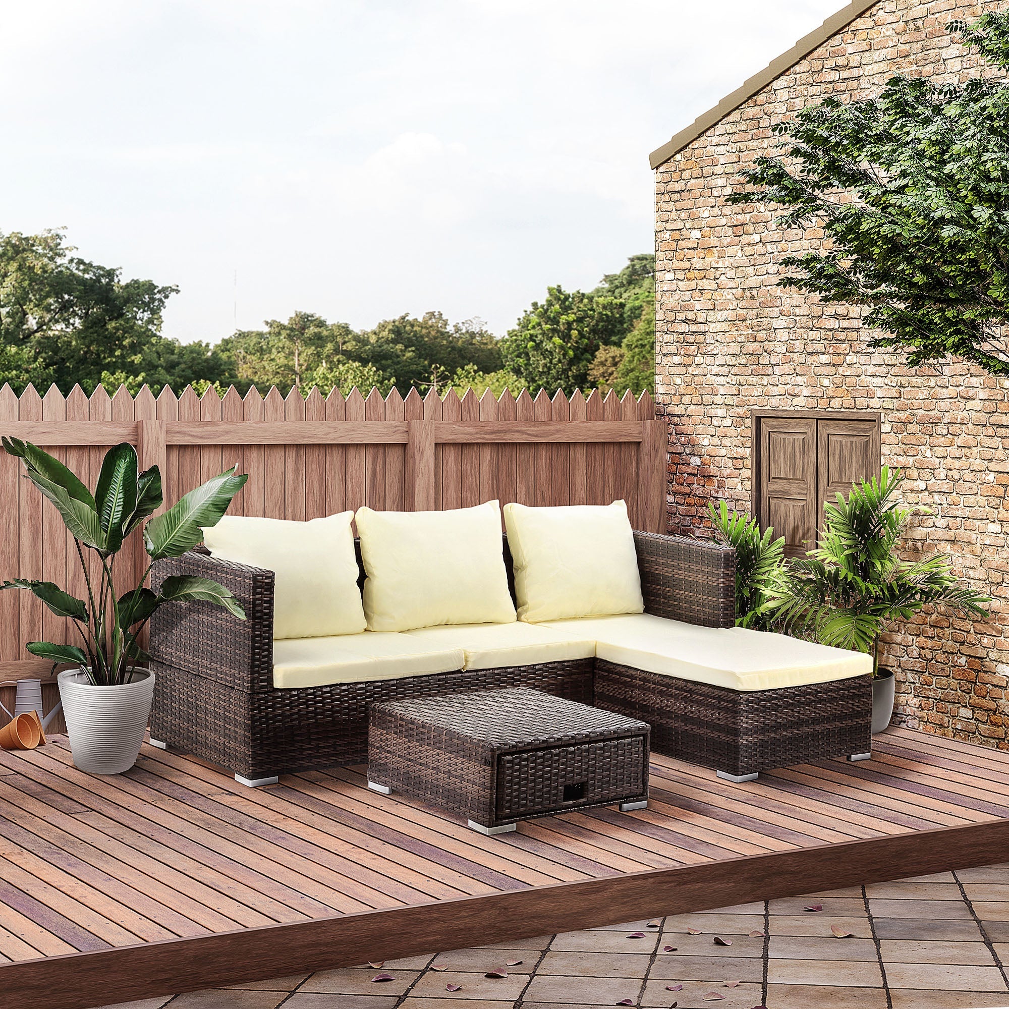 3-Piece Rattan Garden Furniture Storage Sofa Set 4 Seater Wicker Coffee Table Conservatory Sun Lounger Reclining Set Outdoor Weave with Cushion Brown - Image 2