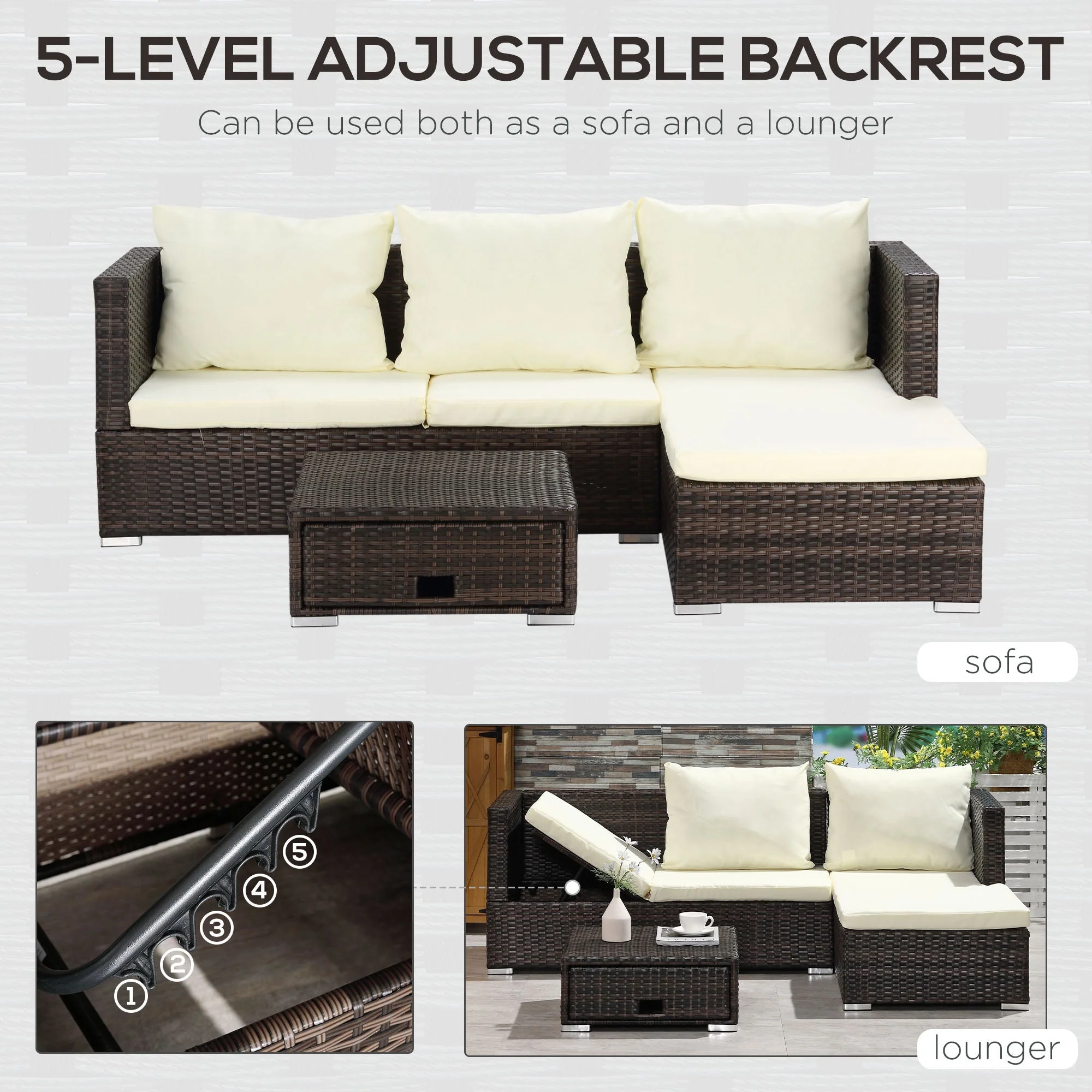 3-Piece Rattan Garden Furniture Storage Sofa Set 4 Seater Wicker Coffee Table Conservatory Sun Lounger Reclining Set Outdoor Weave with Cushion Brown - Image 5