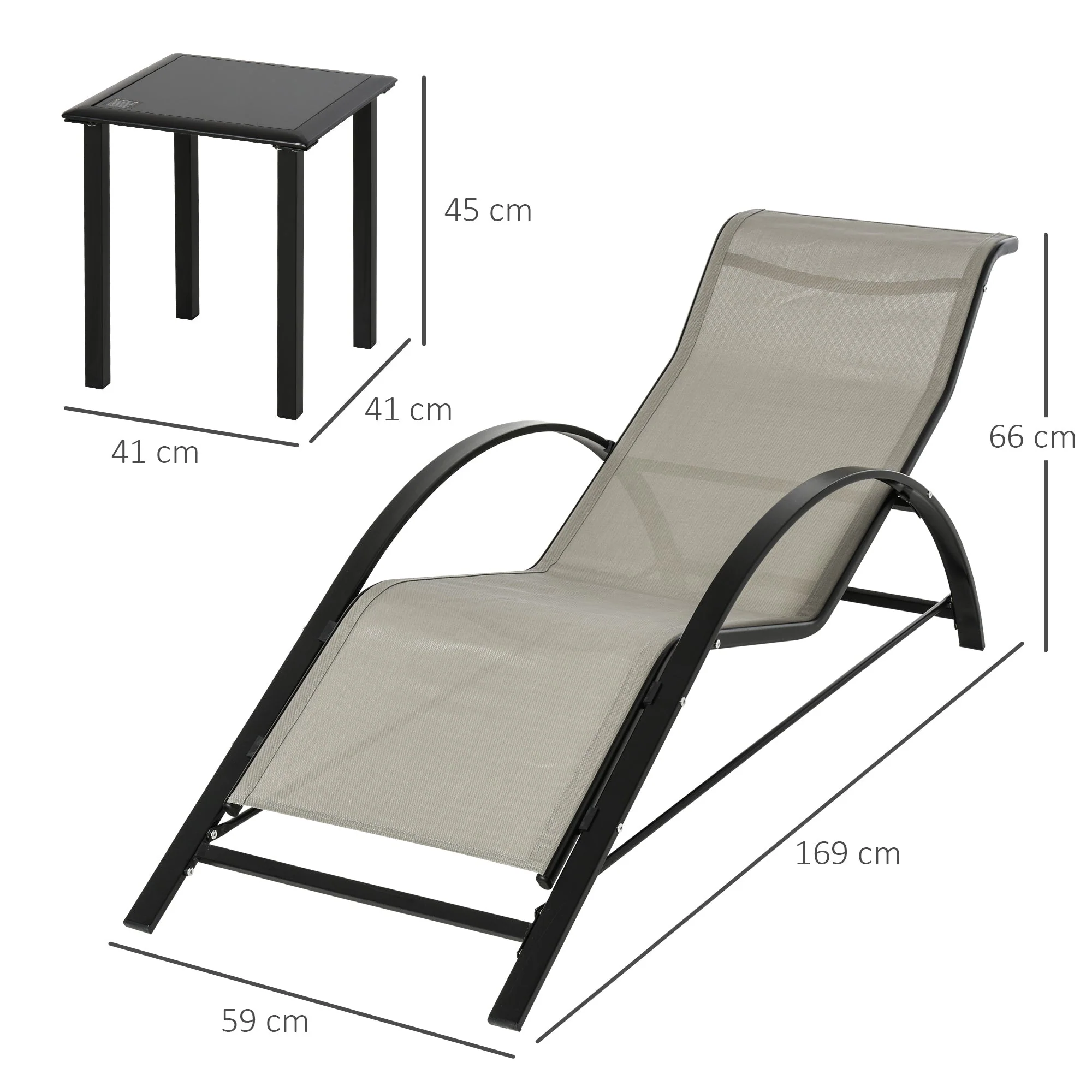 3-Pieces Lounge Chair Set Metal Frame Garden Outdoor Recliner Sunbathing Chair with Table - Image 3