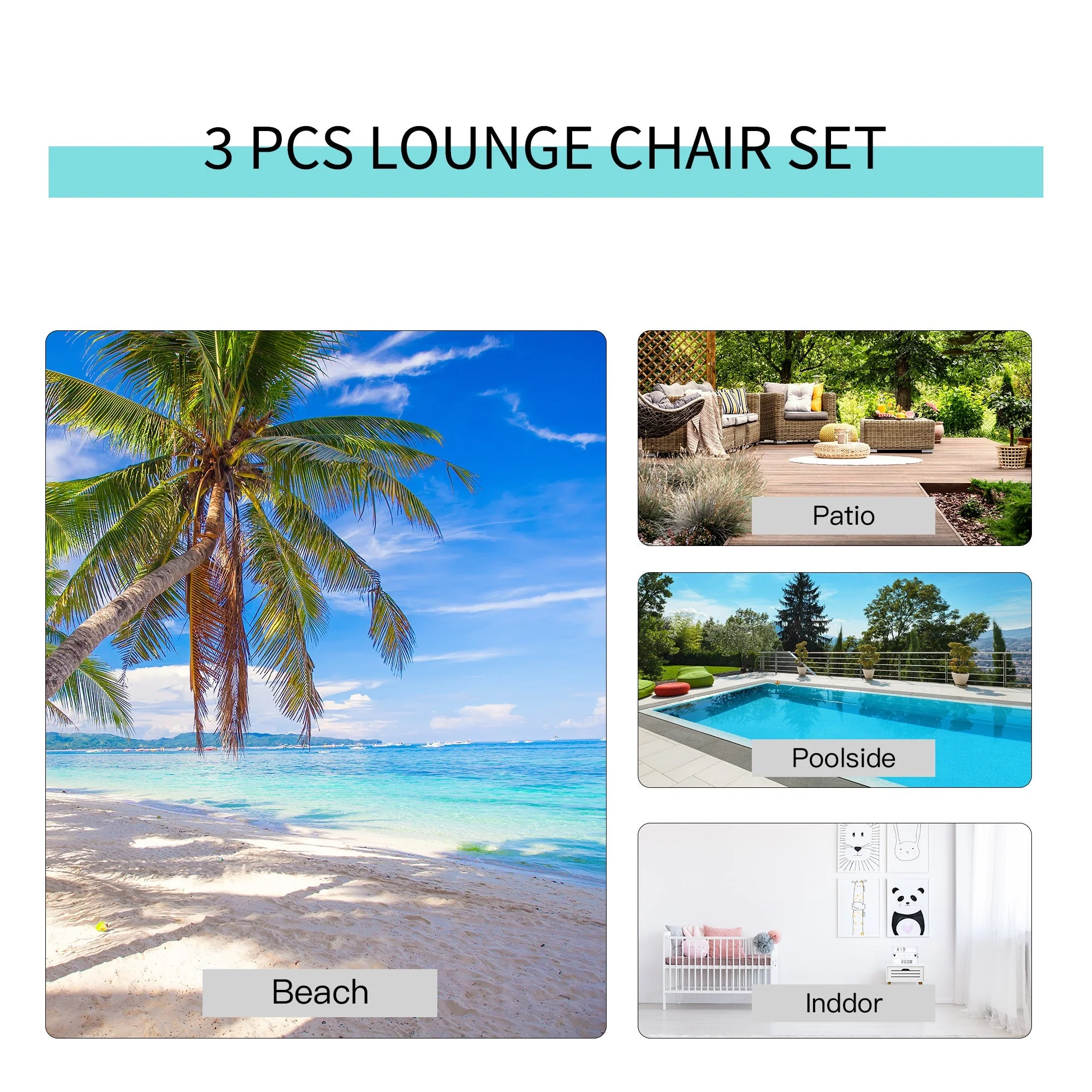 3-Pieces Lounge Chair Set Metal Frame Garden Outdoor Recliner Sunbathing Chair with Table - Image 7