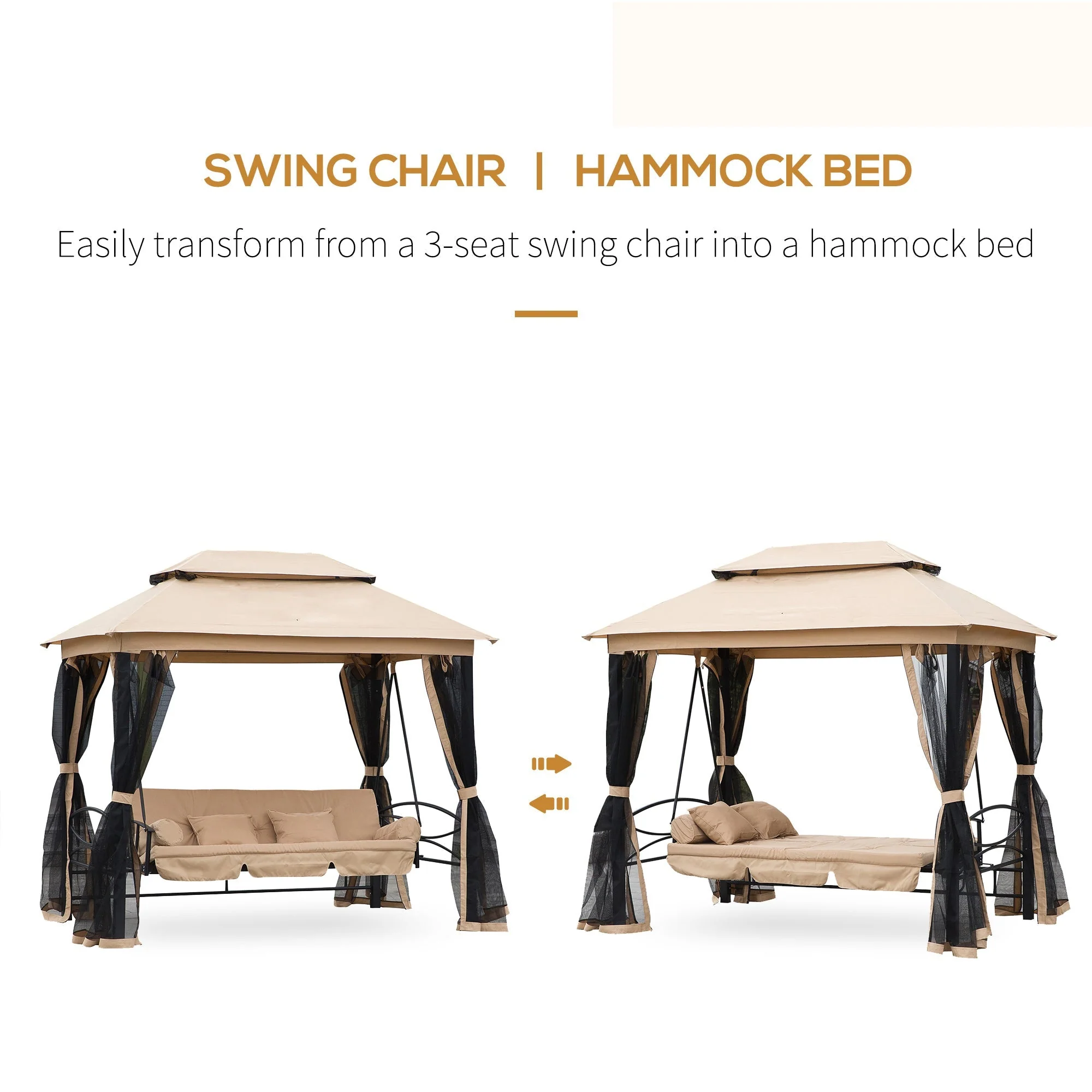 3 Seater Swing Chair 3-in-1 Convertible Garden Swing Seat Bed Gazebo Patio Bench Outdoor with Double Tier Canopy - Image 5