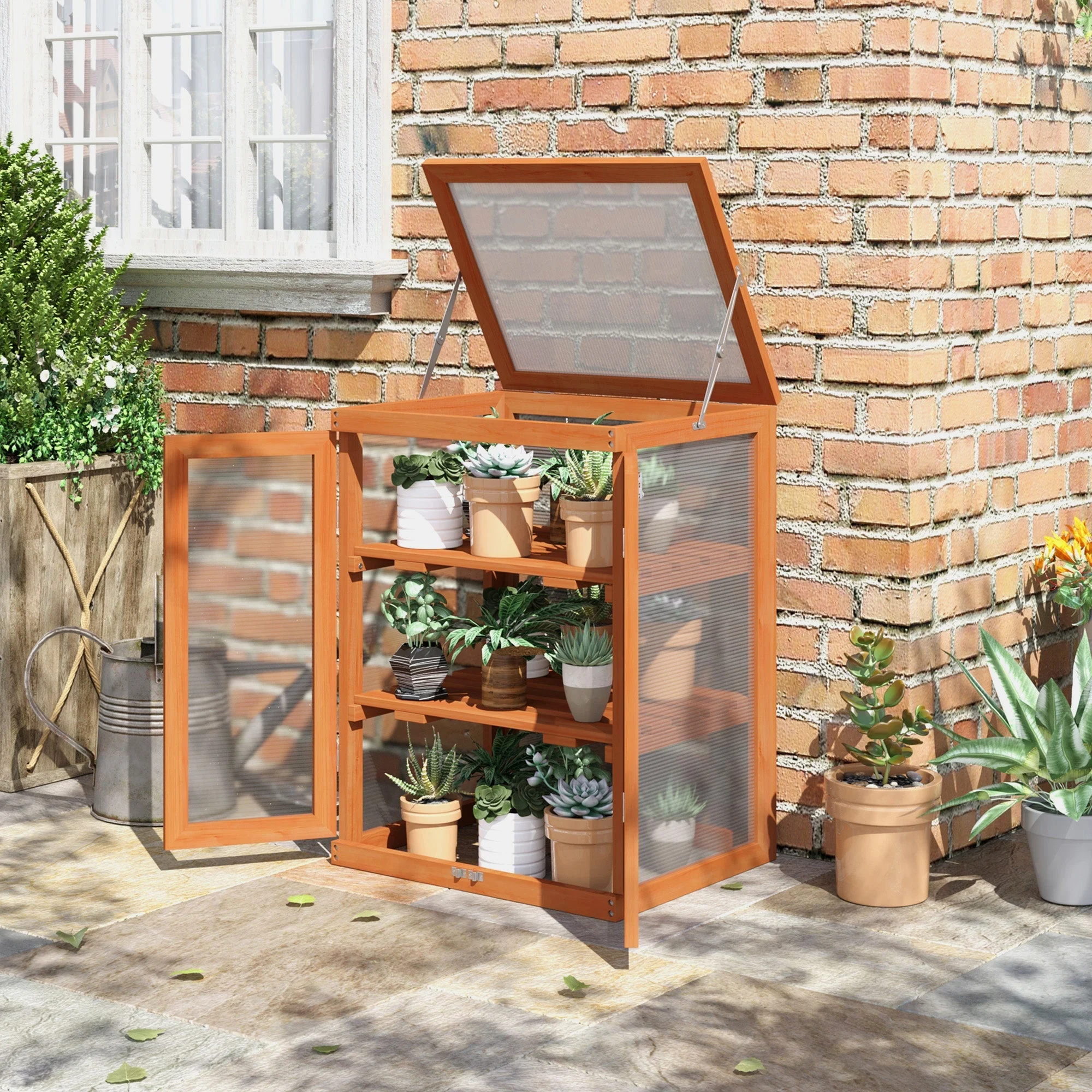 3-tier Wood Greenhouse Garden Polycarbonate Cold Frame Balcony Grow House w/ Storage Shelf for Plants - Image 2