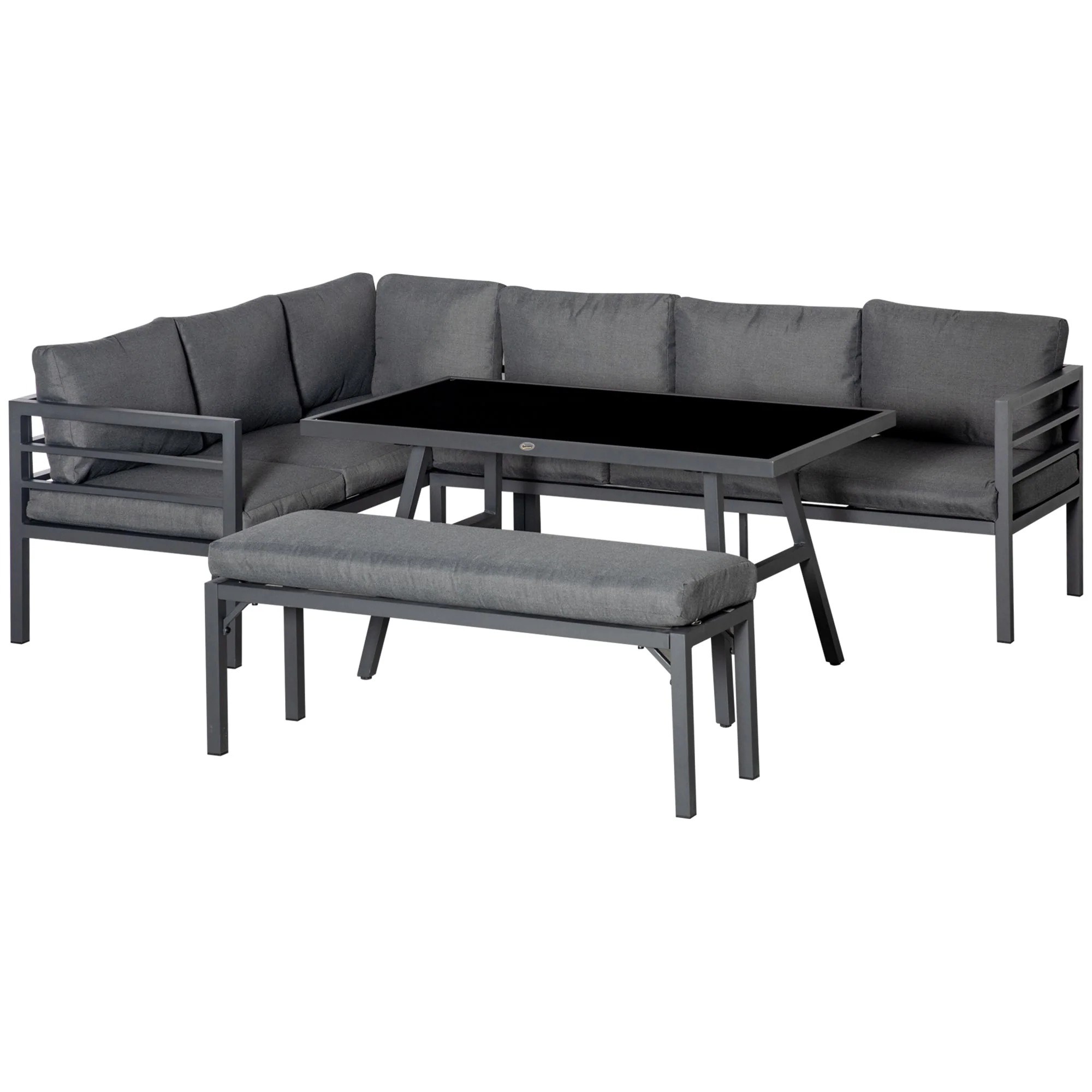 4 Piece L-shaped Garden Furniture Set 8 Seater Aluminium Outdoor Dining Set Conversation Sofa Set w/ Bench