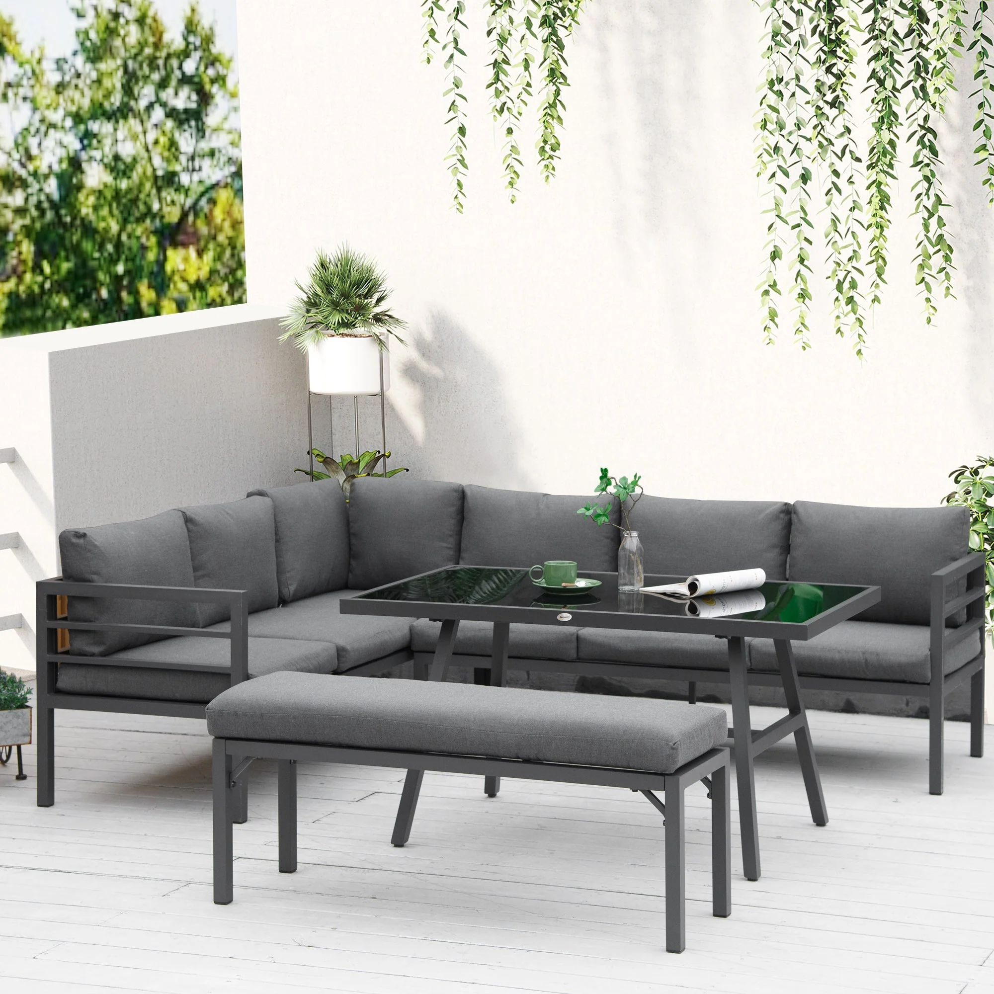 4 Piece L-shaped Garden Furniture Set 8 Seater Aluminium Outdoor Dining Set Conversation Sofa Set w/ Bench - Image 2