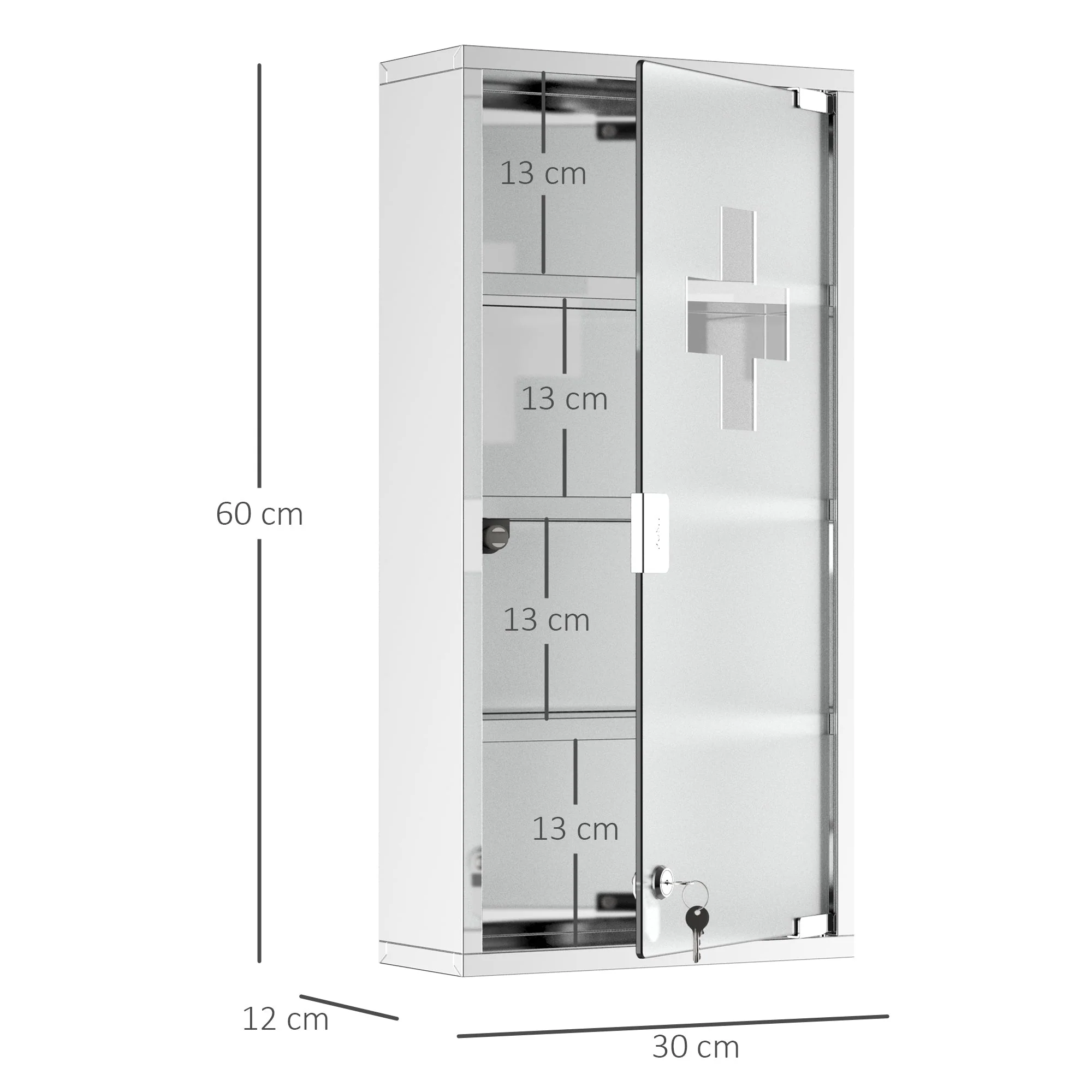4 Tier Stainless Steel Wall Mounted Medicine Cabinet Glass Lockable Door Storage Shelves Houseware Bathroom Furniture 60Hx30Wx12Dcm w/2 Keys - Image 3