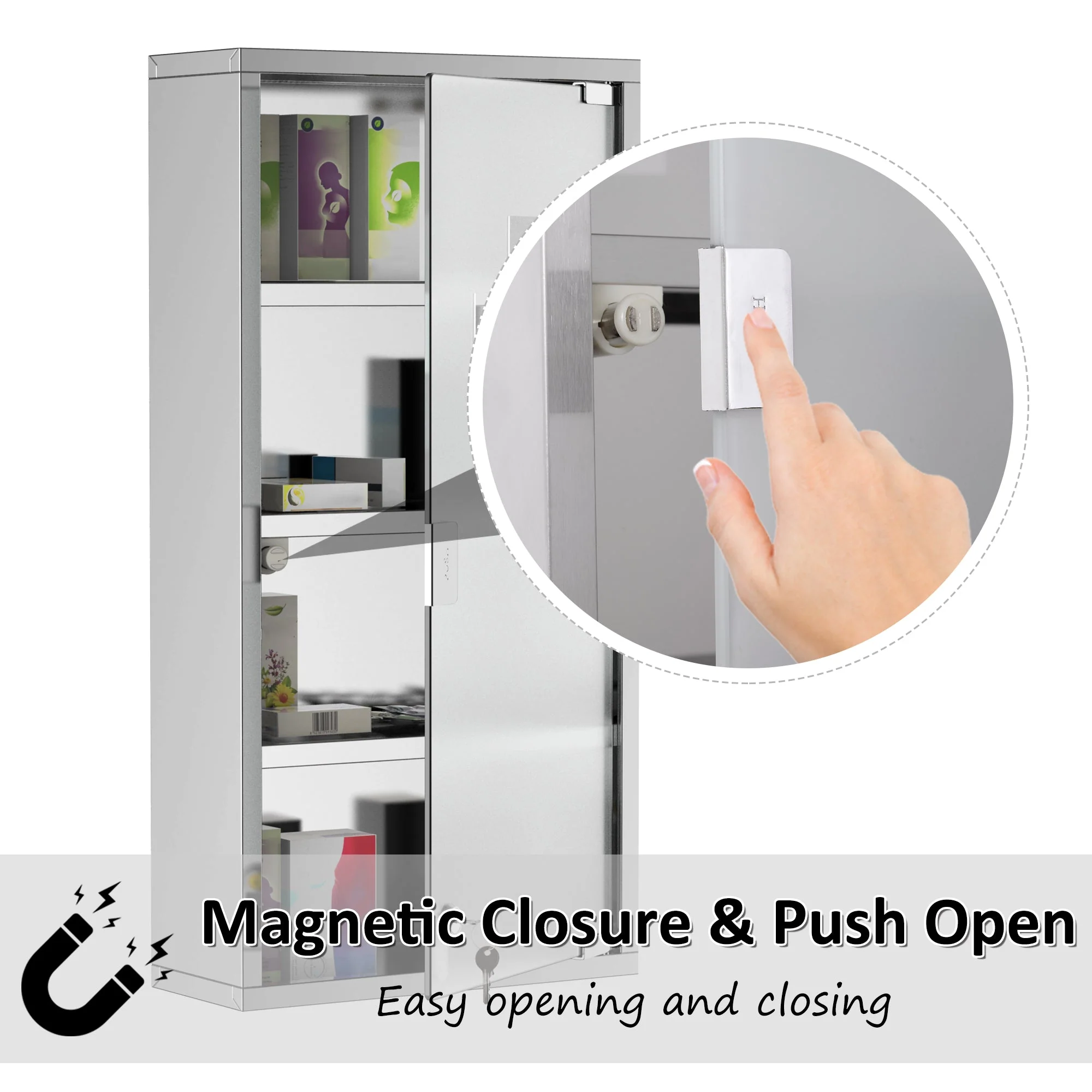 4 Tier Stainless Steel Wall Mounted Medicine Cabinet Glass Lockable Door Storage Shelves Houseware Bathroom Furniture 60Hx30Wx12Dcm w/2 Keys - Image 4