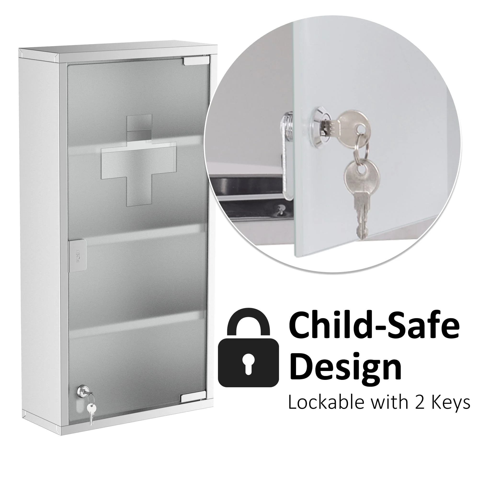 4 Tier Stainless Steel Wall Mounted Medicine Cabinet Glass Lockable Door Storage Shelves Houseware Bathroom Furniture 60Hx30Wx12Dcm w/2 Keys - Image 5