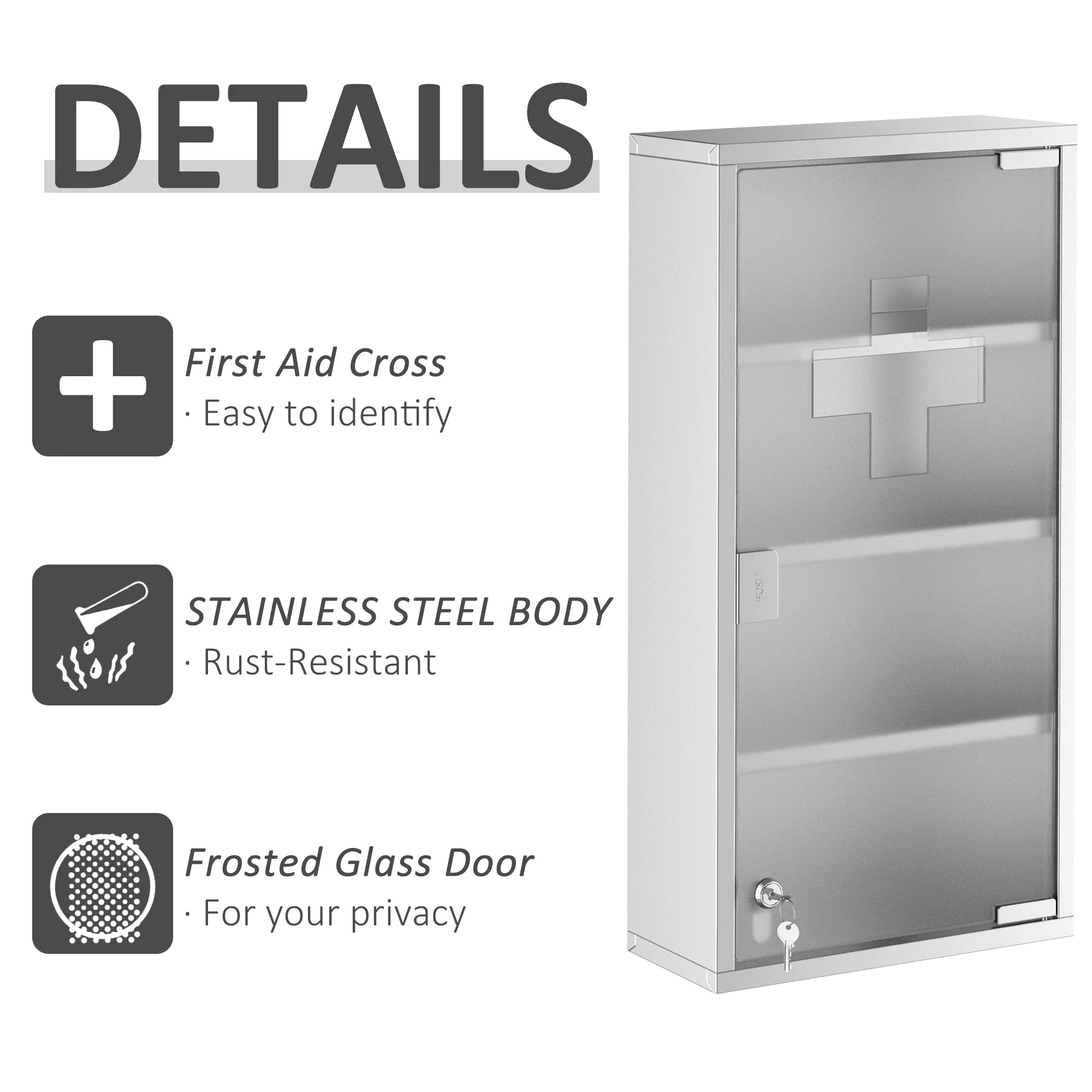 4 Tier Stainless Steel Wall Mounted Medicine Cabinet Glass Lockable Door Storage Shelves Houseware Bathroom Furniture 60Hx30Wx12Dcm w/2 Keys - Image 6