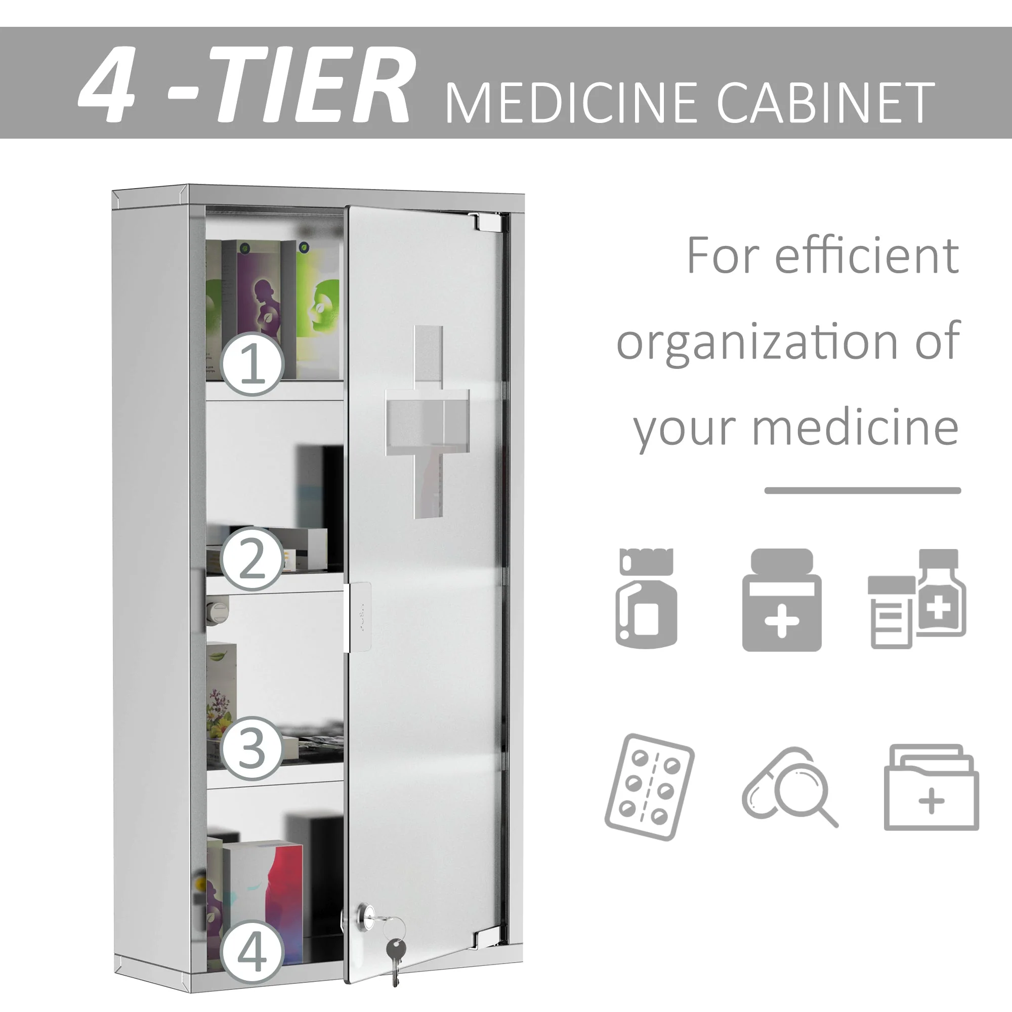 4 Tier Stainless Steel Wall Mounted Medicine Cabinet Glass Lockable Door Storage Shelves Houseware Bathroom Furniture 60Hx30Wx12Dcm w/2 Keys - Image 7