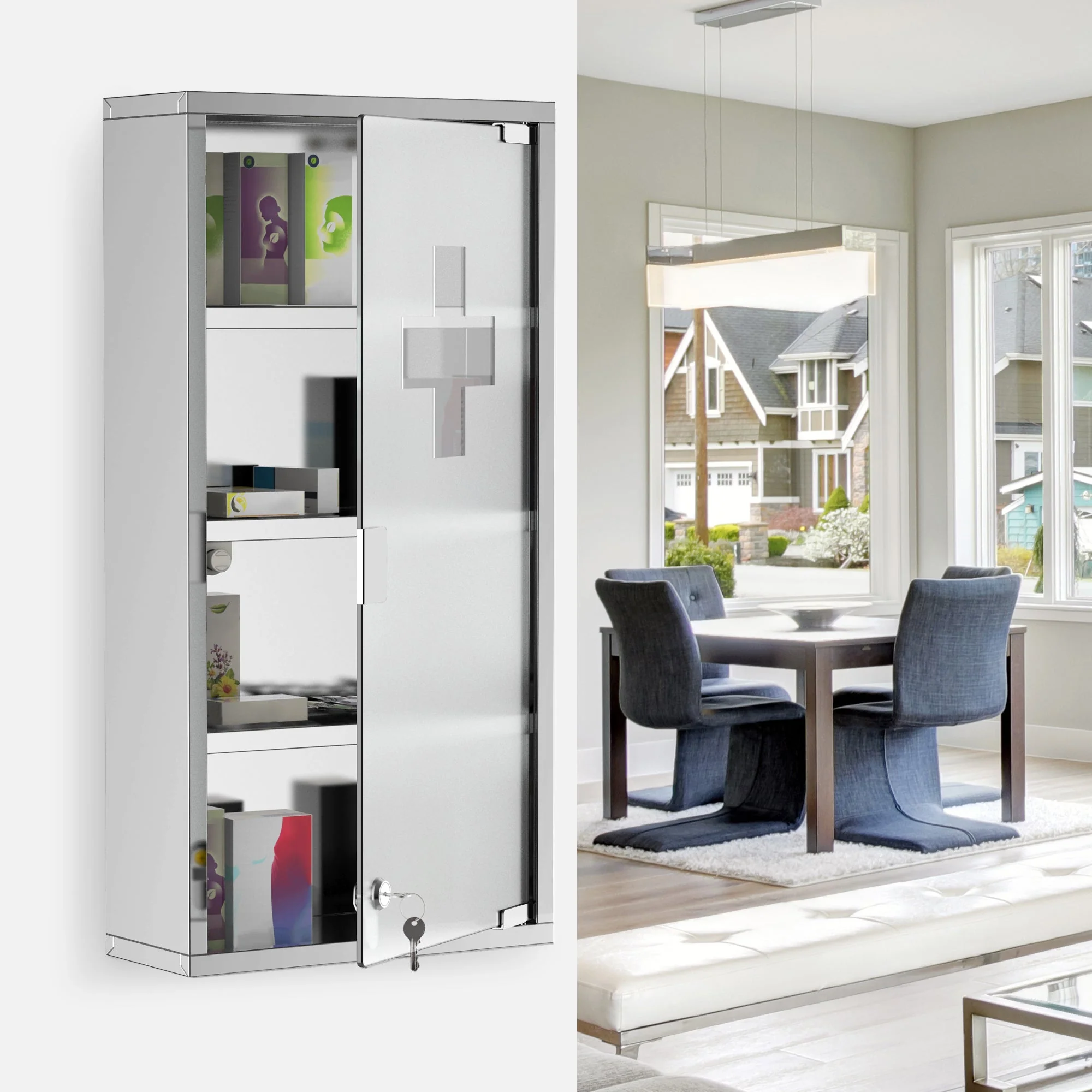 4 Tier Stainless Steel Wall Mounted Medicine Cabinet Glass Lockable Door Storage Shelves Houseware Bathroom Furniture 60Hx30Wx12Dcm w/2 Keys - Image 8