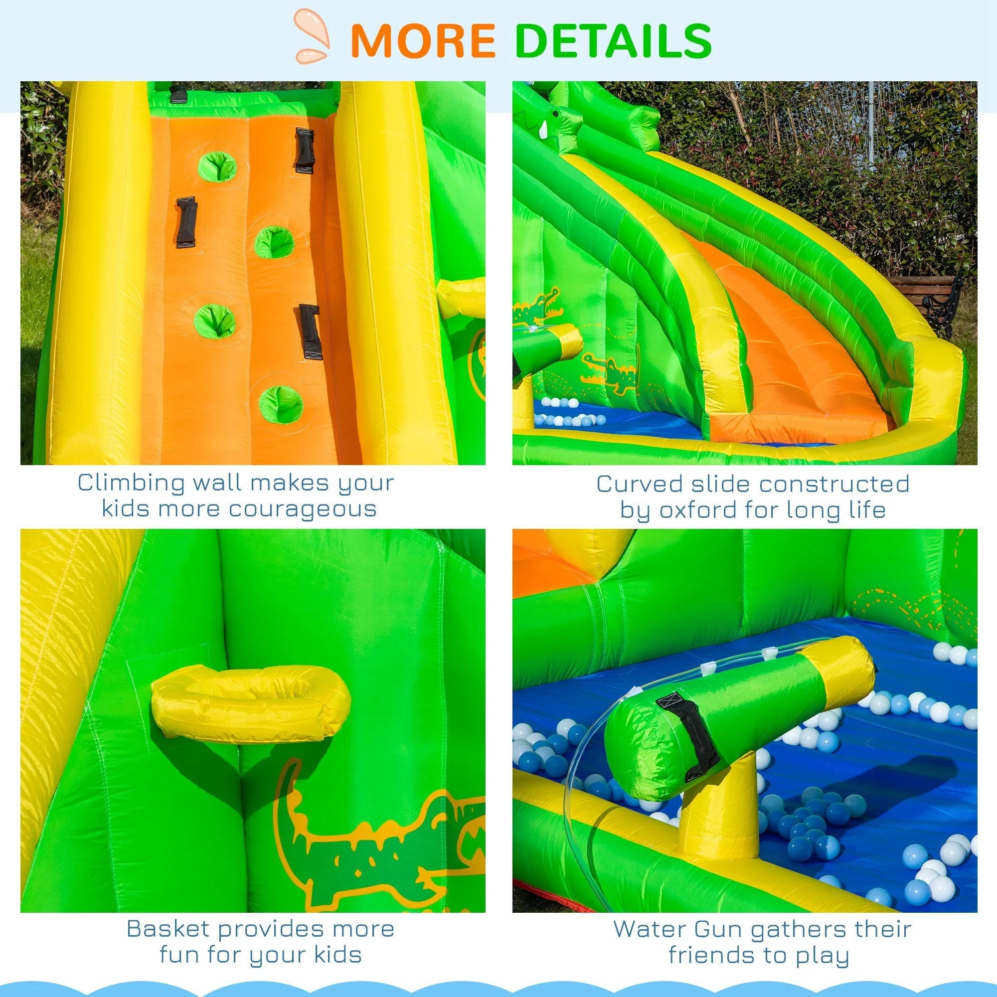 5 in 1 Kids Bouncy Castle Large Crocodile Style Inflatable House Slide Basket Water Pool Gun Climbing Wall with Blower Carrybag for Kids Age 3-8 - Image 7