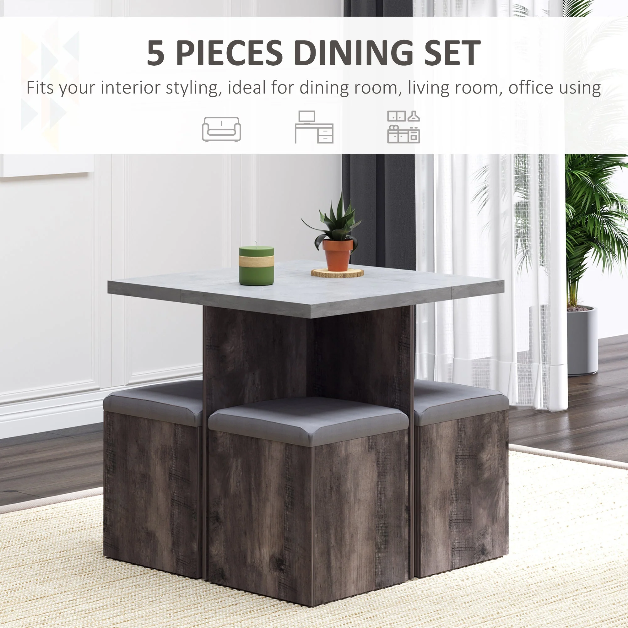 5-Piece Dining Set Garden Patio Wooden Set 4 Storage Stools Footrest Ottoman with Cushions + 1 Table Space Saving Design Indoor Outdoor - Image 5