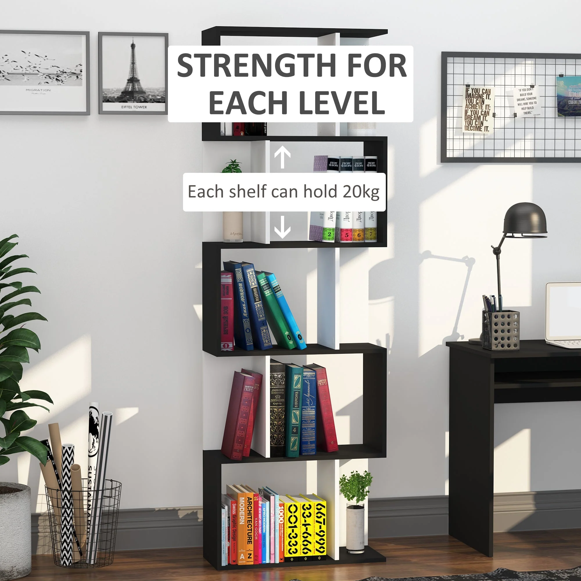5-tier Bookcase Storage Display Shelving S Shape design Unit Divider Black - Image 4