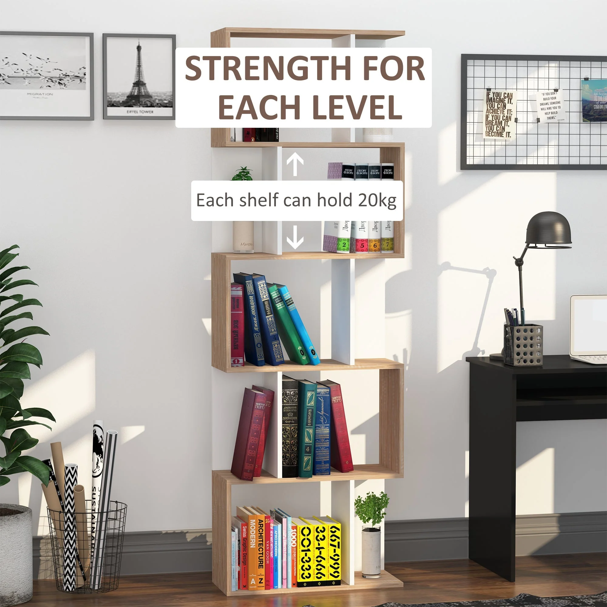 5-tier Bookcase Storage Display Shelving S Shape design Unit Divider Natural - Image 3