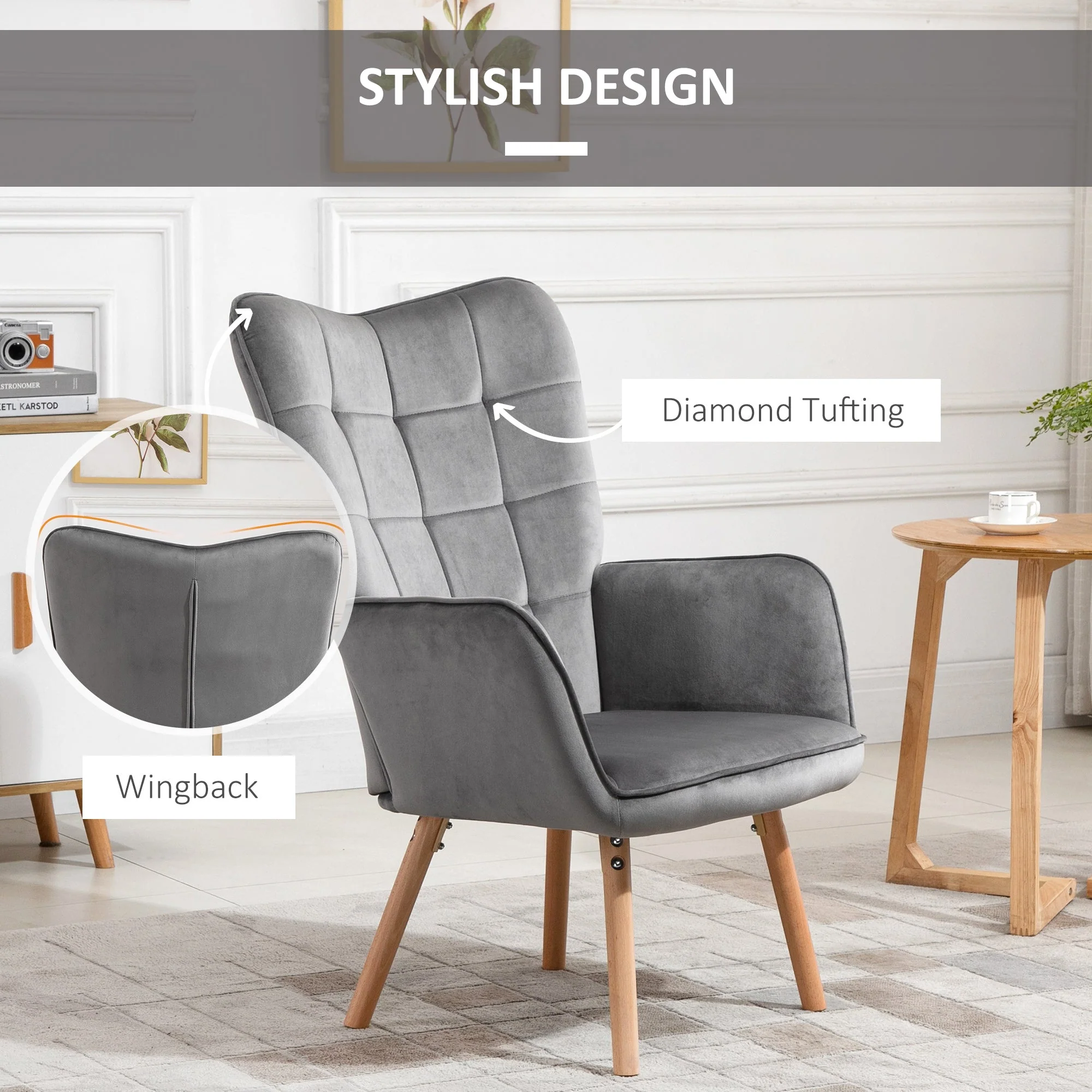 Accent Chair VelvetTufted Wingback Armchair Club Chair with Wood Legs Grey - Image 5