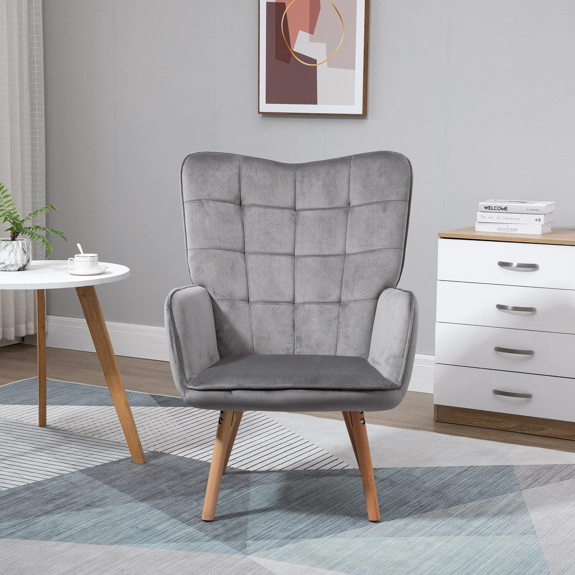 Accent Chair VelvetTufted Wingback Armchair Club Chair with Wood Legs Grey - Image 6