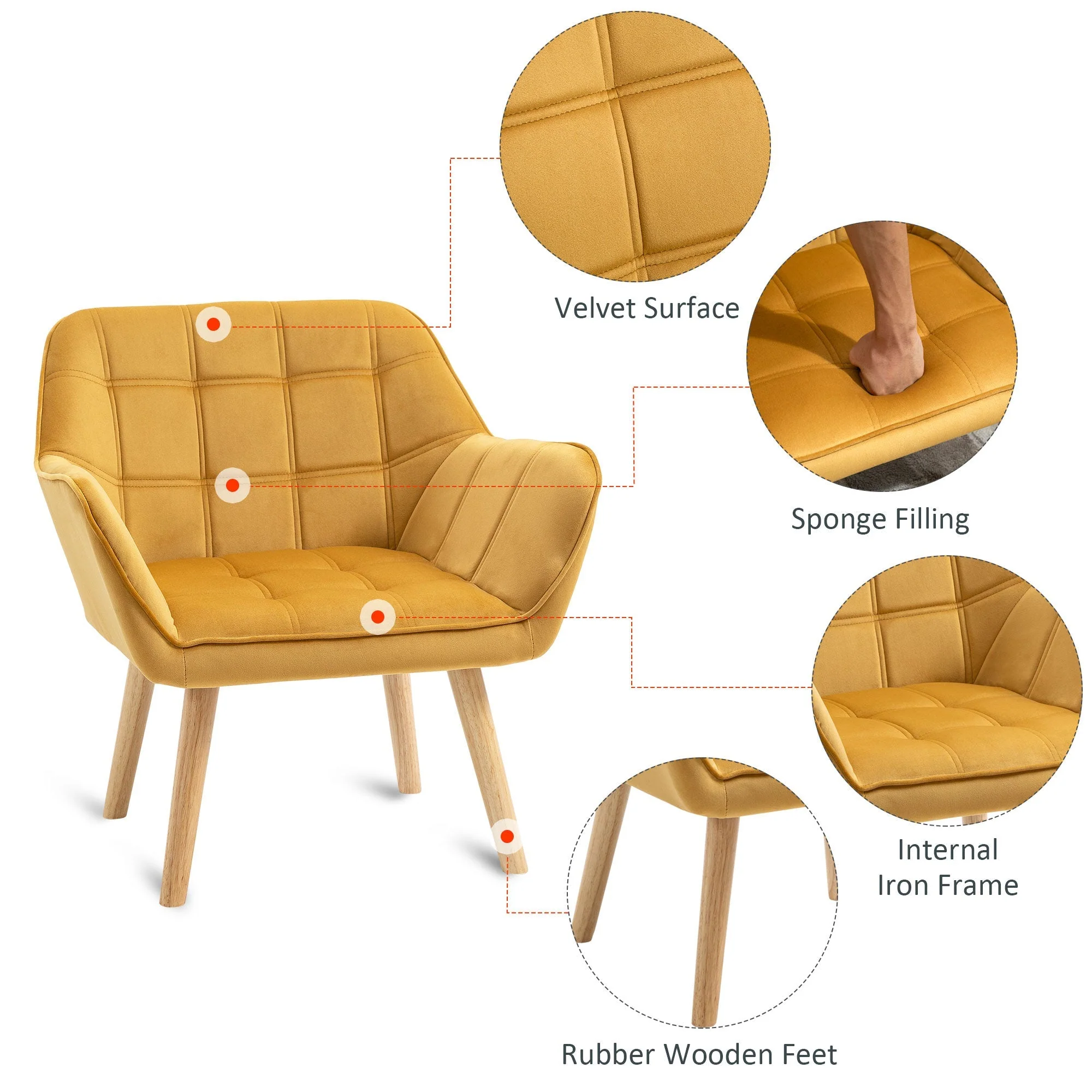 Armchair Accent Chair Wide Arms Slanted Back Padding Iron Frame Wooden Legs Home Bedroom Furniture Seating Yellow - Image 4