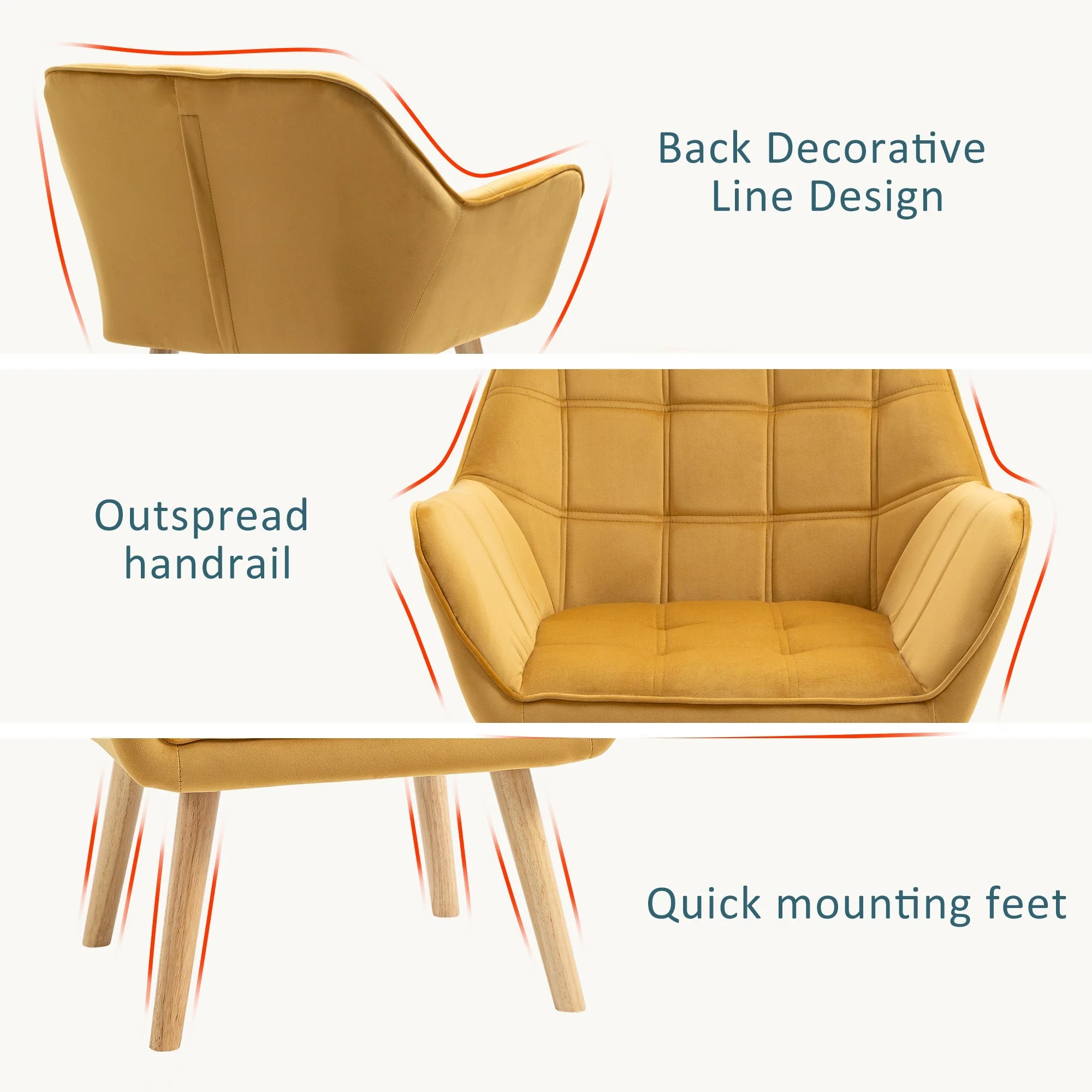 Armchair Accent Chair Wide Arms Slanted Back Padding Iron Frame Wooden Legs Home Bedroom Furniture Seating Yellow - Image 5
