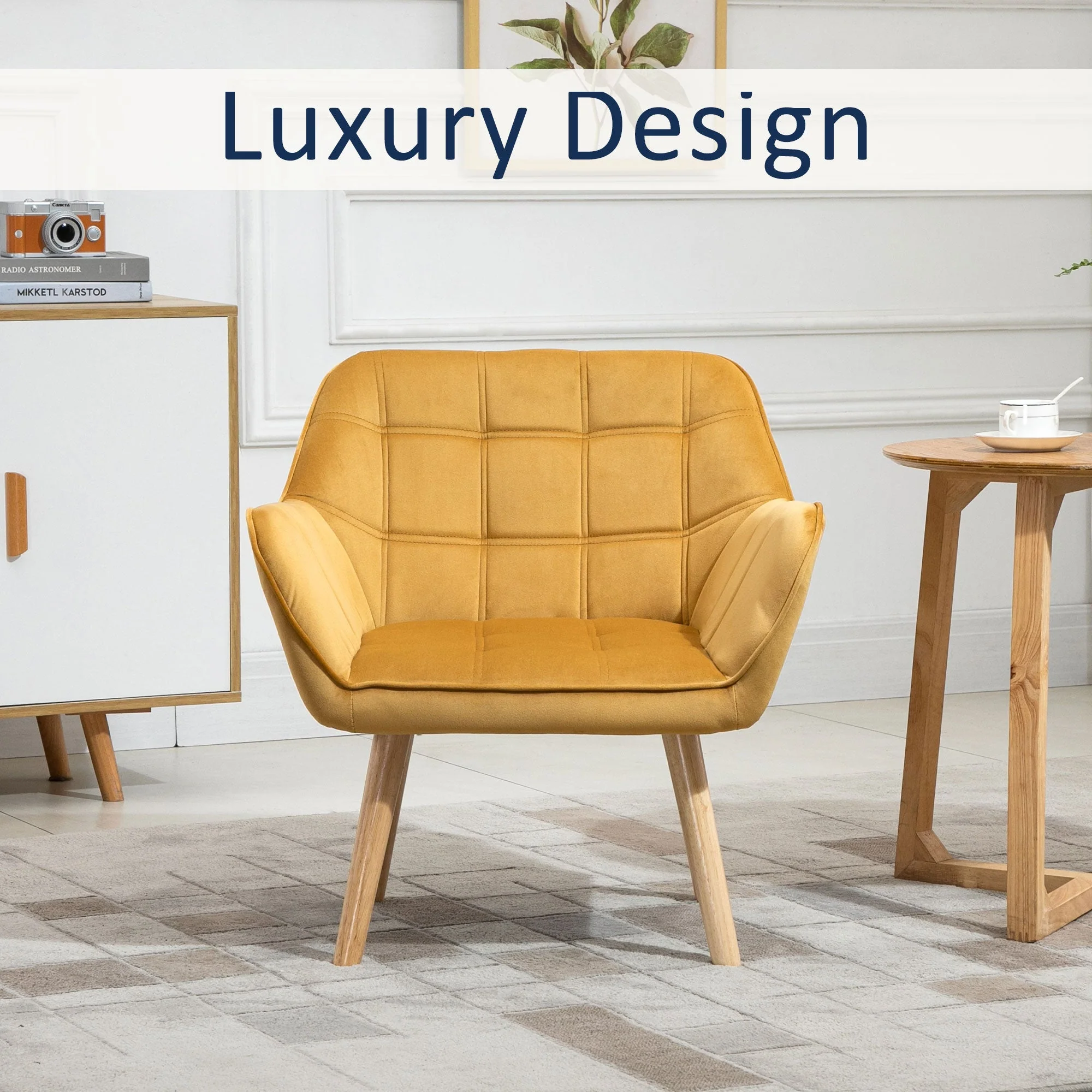 Armchair Accent Chair Wide Arms Slanted Back Padding Iron Frame Wooden Legs Home Bedroom Furniture Seating Yellow - Image 6