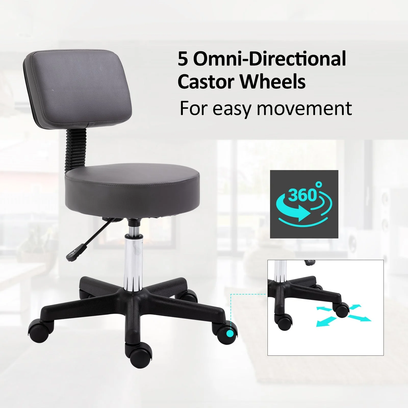 Beautician's Swivel Salon Chair w/ Padded Seat Back 5 Wheels Adjustable Height Salon Hairdressers Tattoo Spa Rolling Cushion Professional Grey - Image 5
