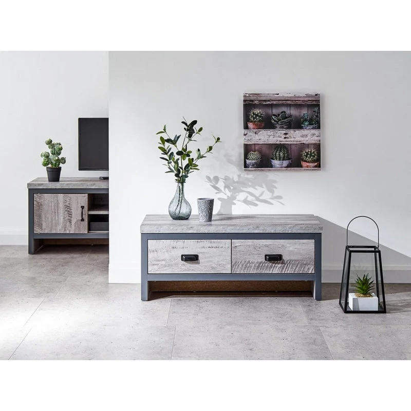 Boston Coffee Table Metal & Wood Grey 2 Drawers - Image 6