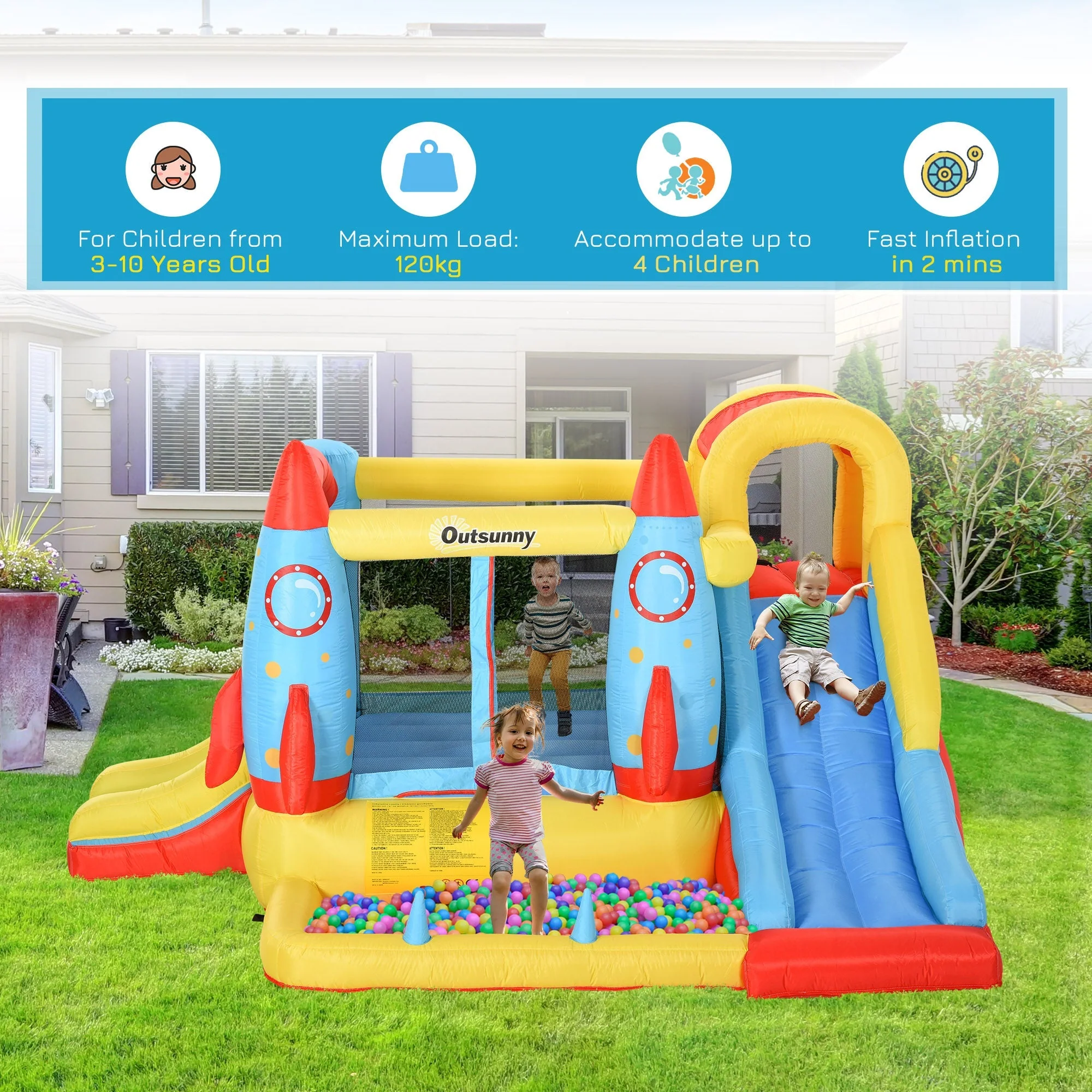 Bounce Castle Inflatable Trampoline Slide Pool Rocket Design 3.4 x 2.8 x 1.85m - Image 4