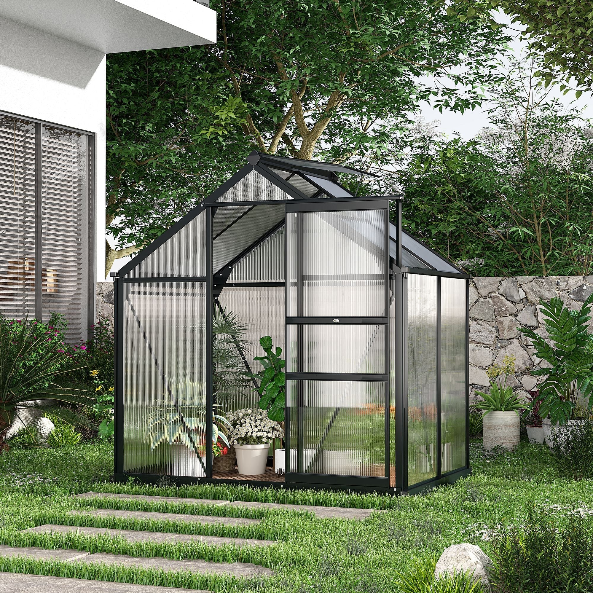 Clear Polycarbonate Greenhouse Large Walk-In Green House Garden Plants Grow Galvanized Base Aluminium Frame with Slide Door - Image 2