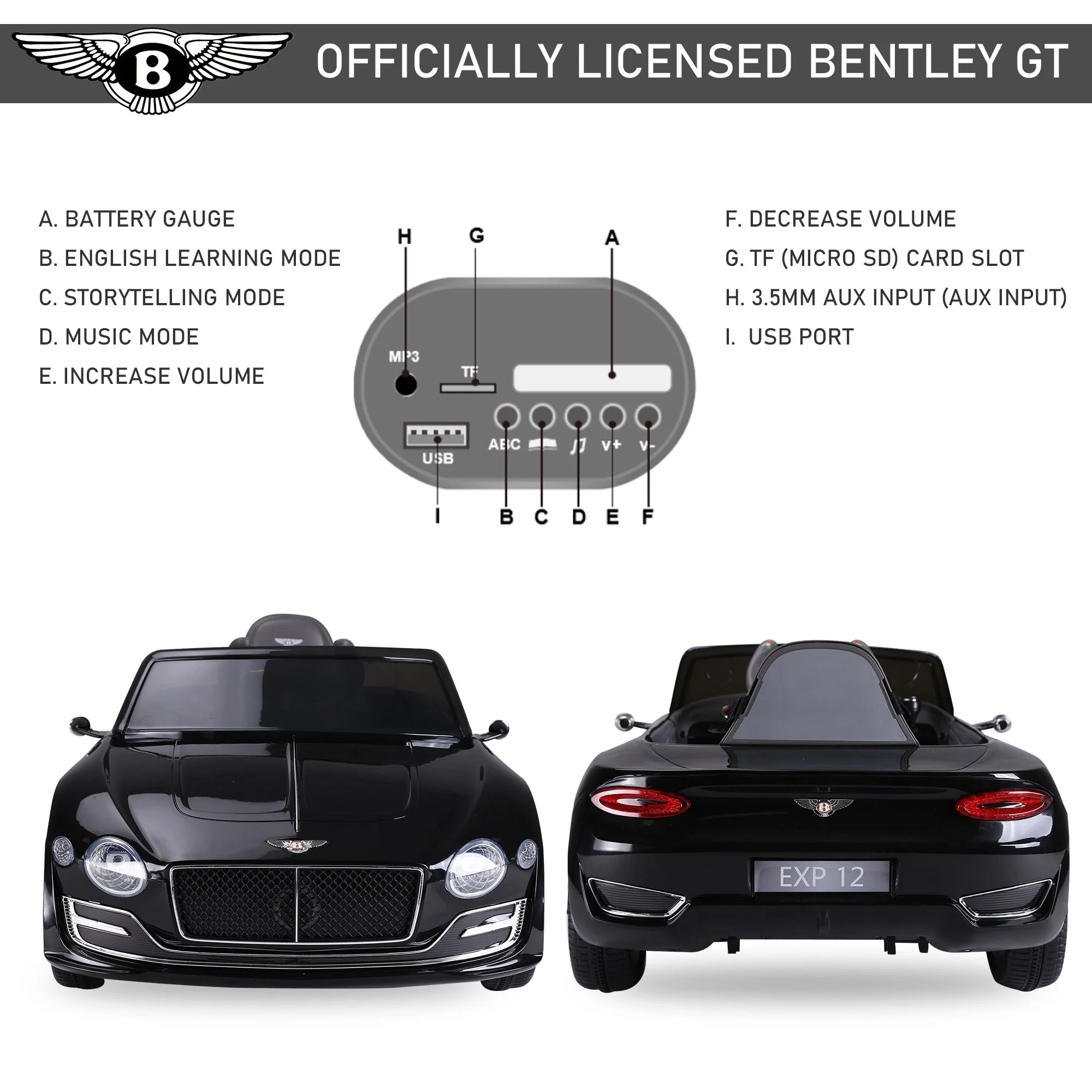 Compatible Electric Kids Ride On Car Bentley GT 12V Battery Powered Toy Two Motors with LED Light Music Parental Remote Control for 3 - 8 Years Black Bentley - Image 4