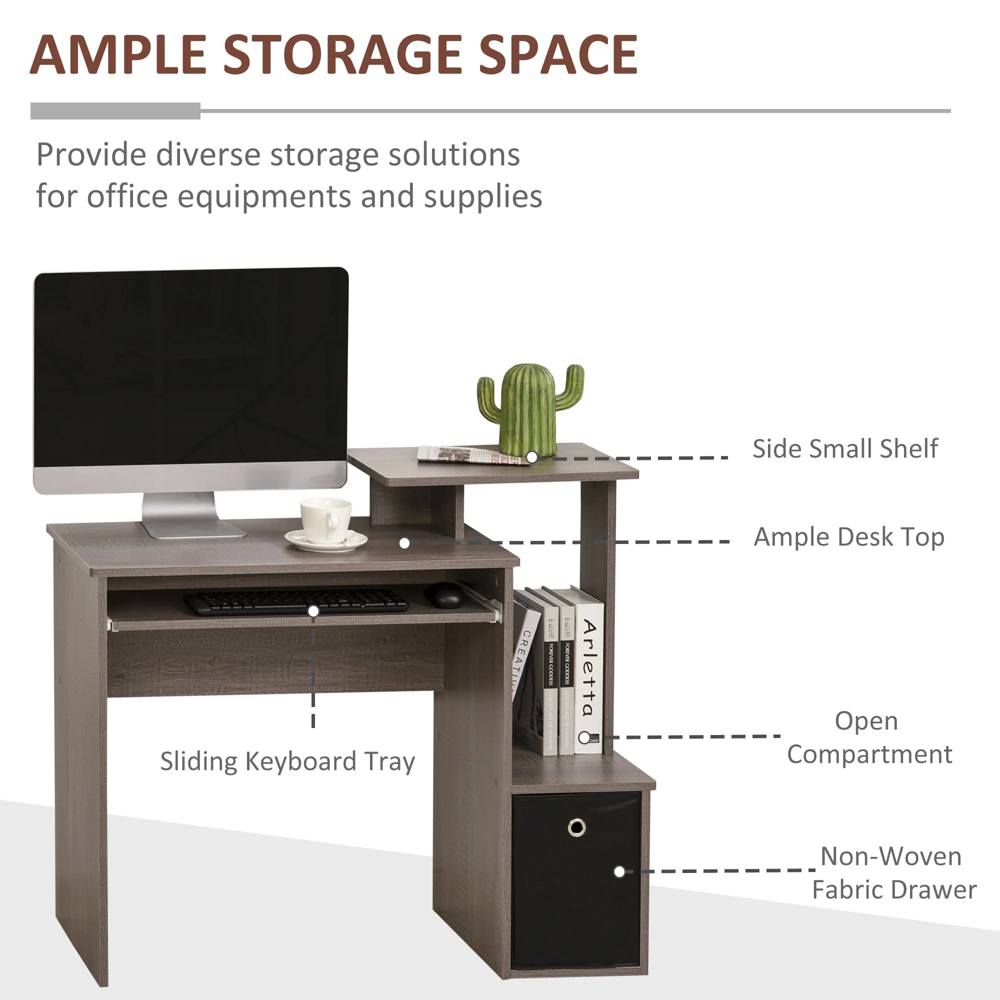 Computer Desk with Sliding Keyboard Tray Storage Drawer Shelf Home Office Workstation Grey - Image 4
