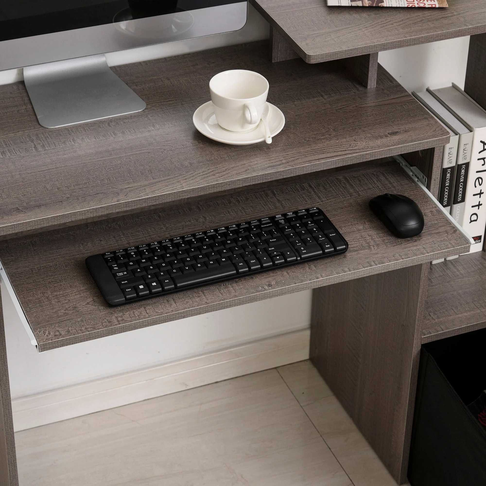 Computer Desk with Sliding Keyboard Tray Storage Drawer Shelf Home Office Workstation Grey - Image 7