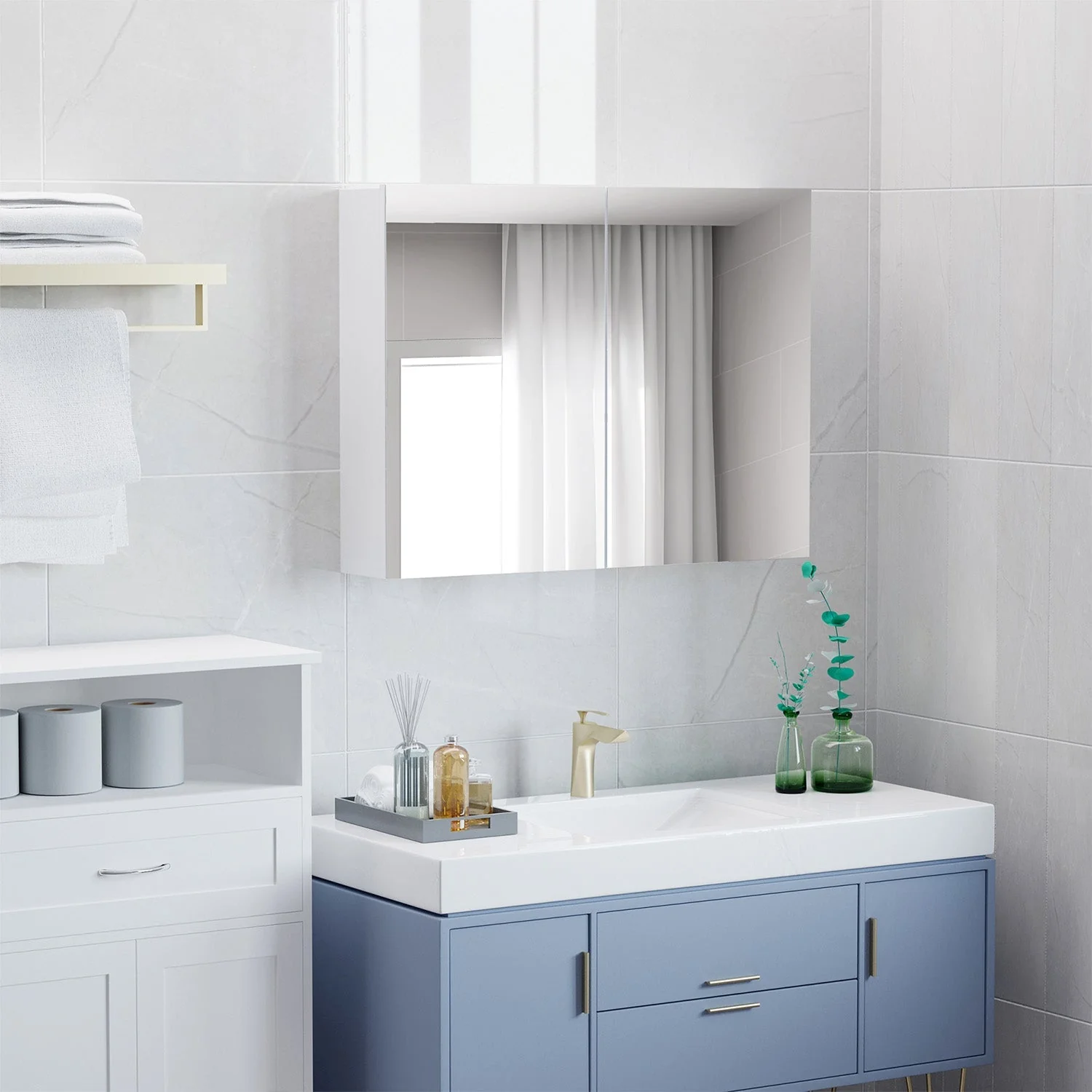 Double Door Wall Mounted Glass Mirror Cabinet Modern Storage Unit Bathroom Shelf Organiser Waterproof Wooden Frame 80Wx15Dx60Hcm - Image 8