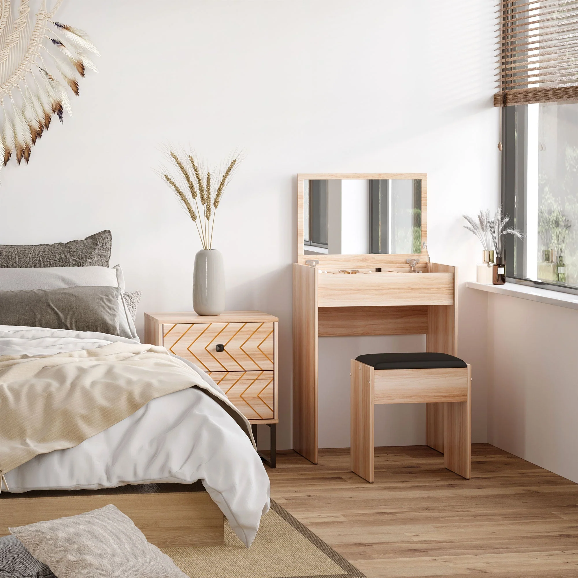 Dressing Table Set Padded Stool Dresser with Flip-up Mirror Multi-purpose - Wood Grain - Image 2