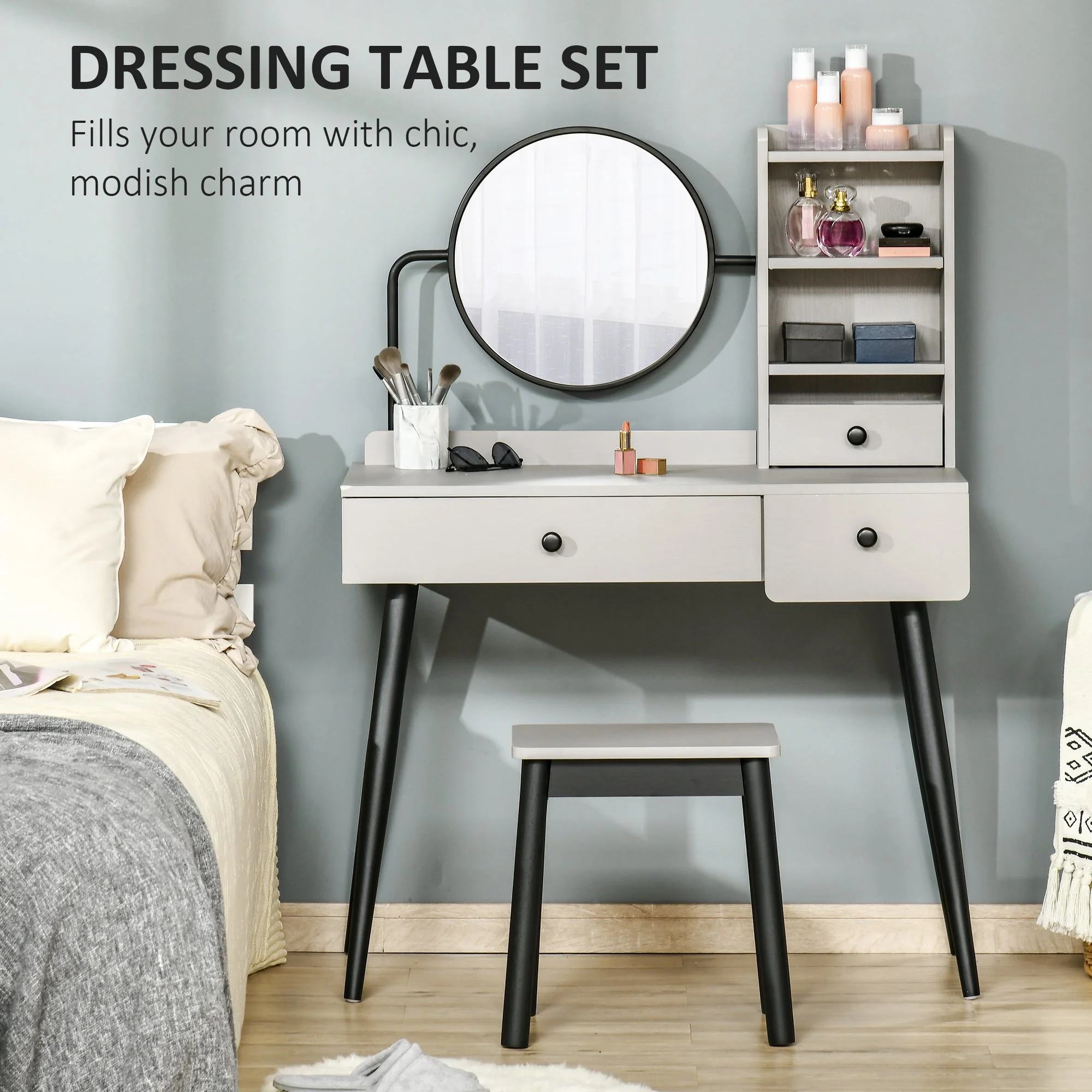 Dressing Table Set with Mirror and Stool - Image 5