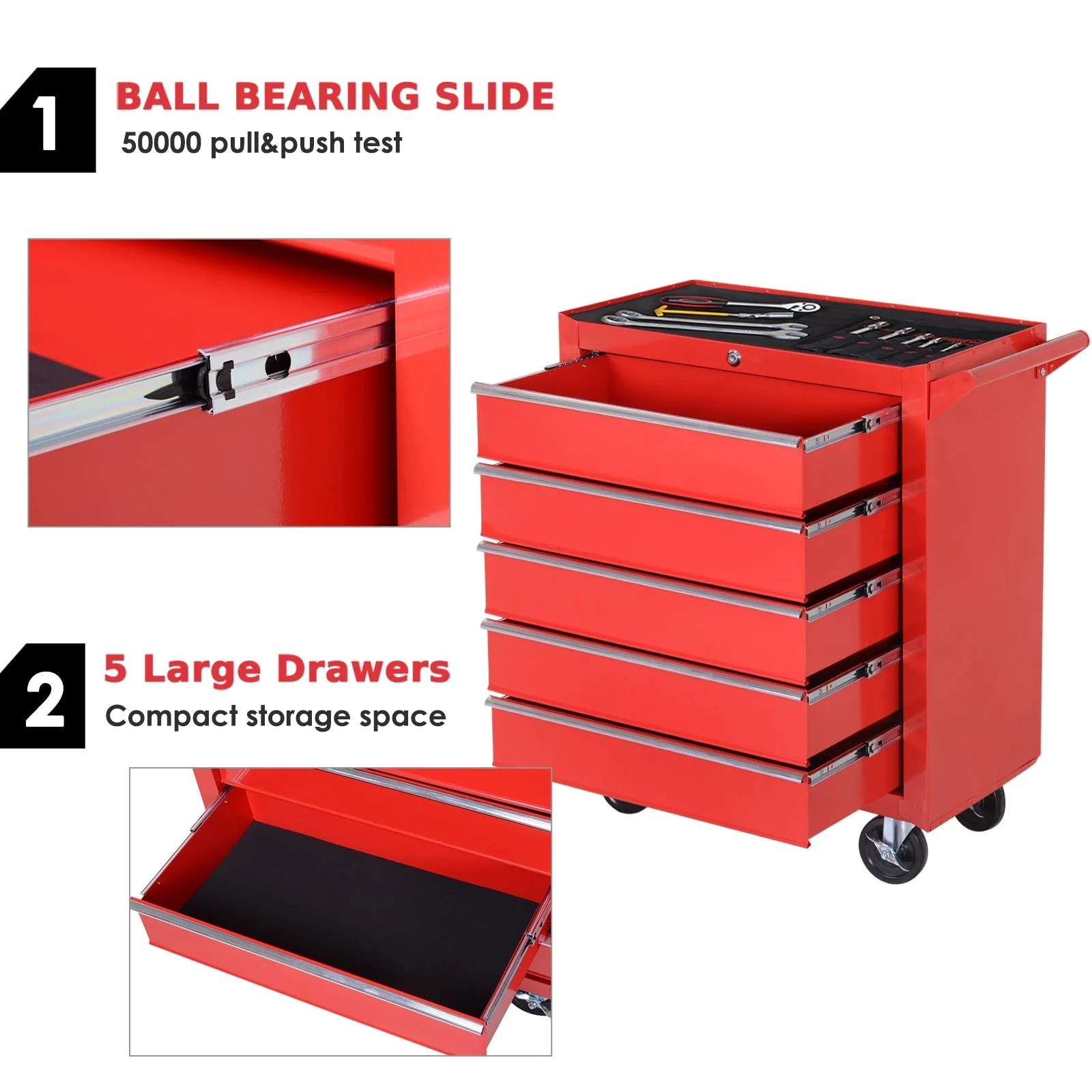 Durhand Roller Tool Cabinet 5 Drawers-Red - Image 4