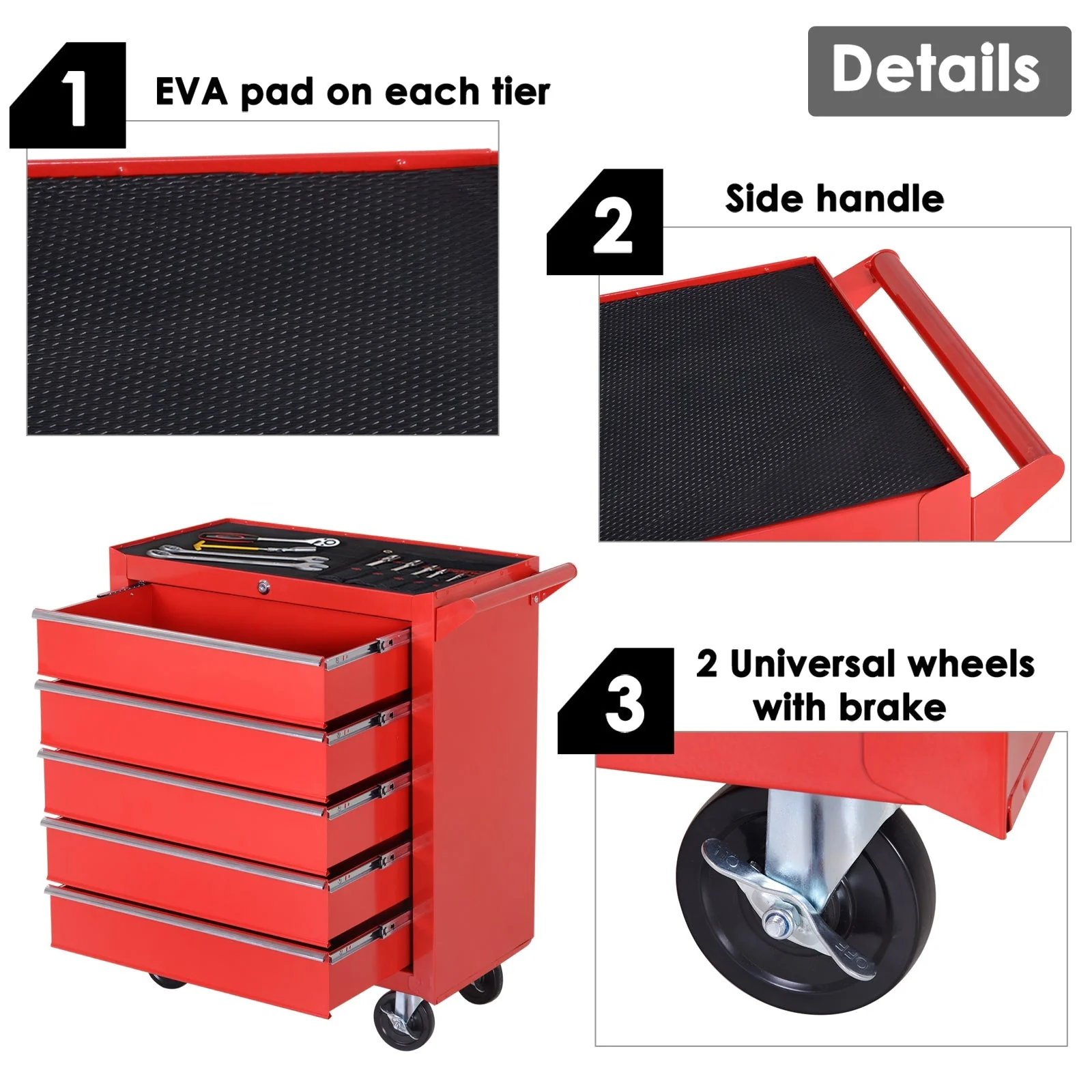 Durhand Roller Tool Cabinet 5 Drawers-Red - Image 5