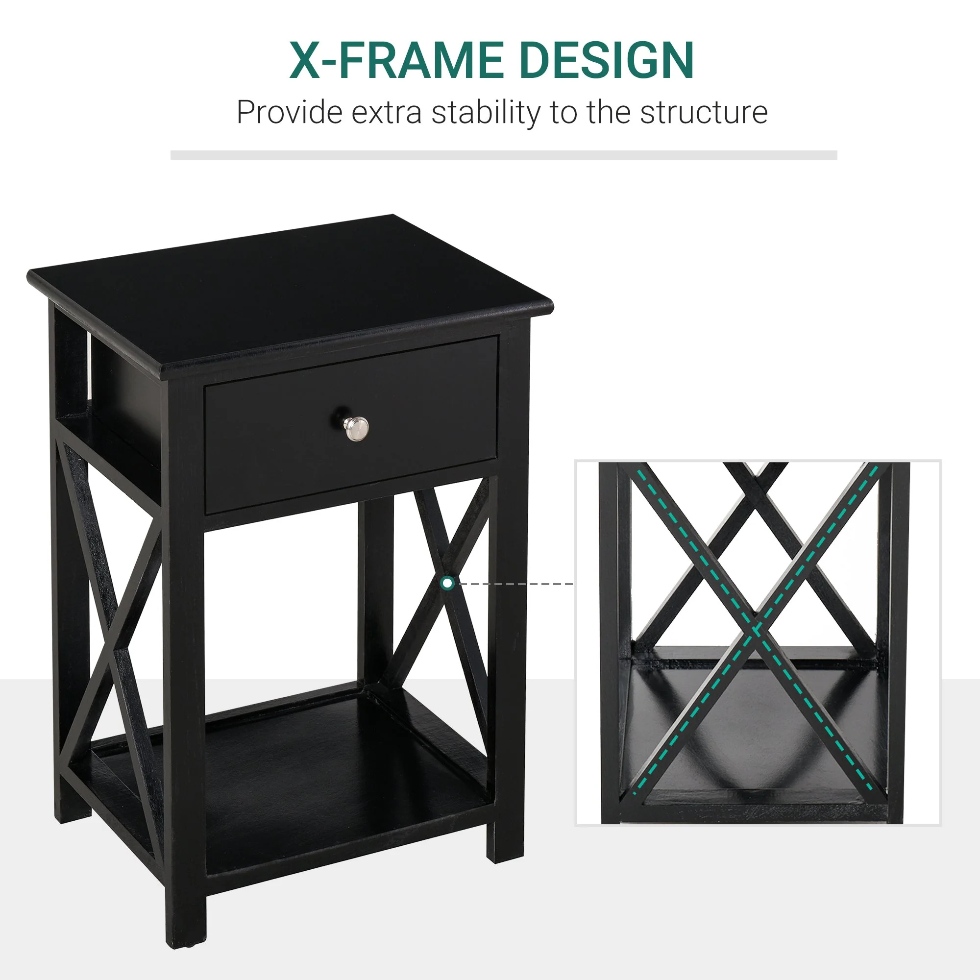 End Table?Sofa Side Table with Drawer X Bar Bottom Storage Shelf - Image 4