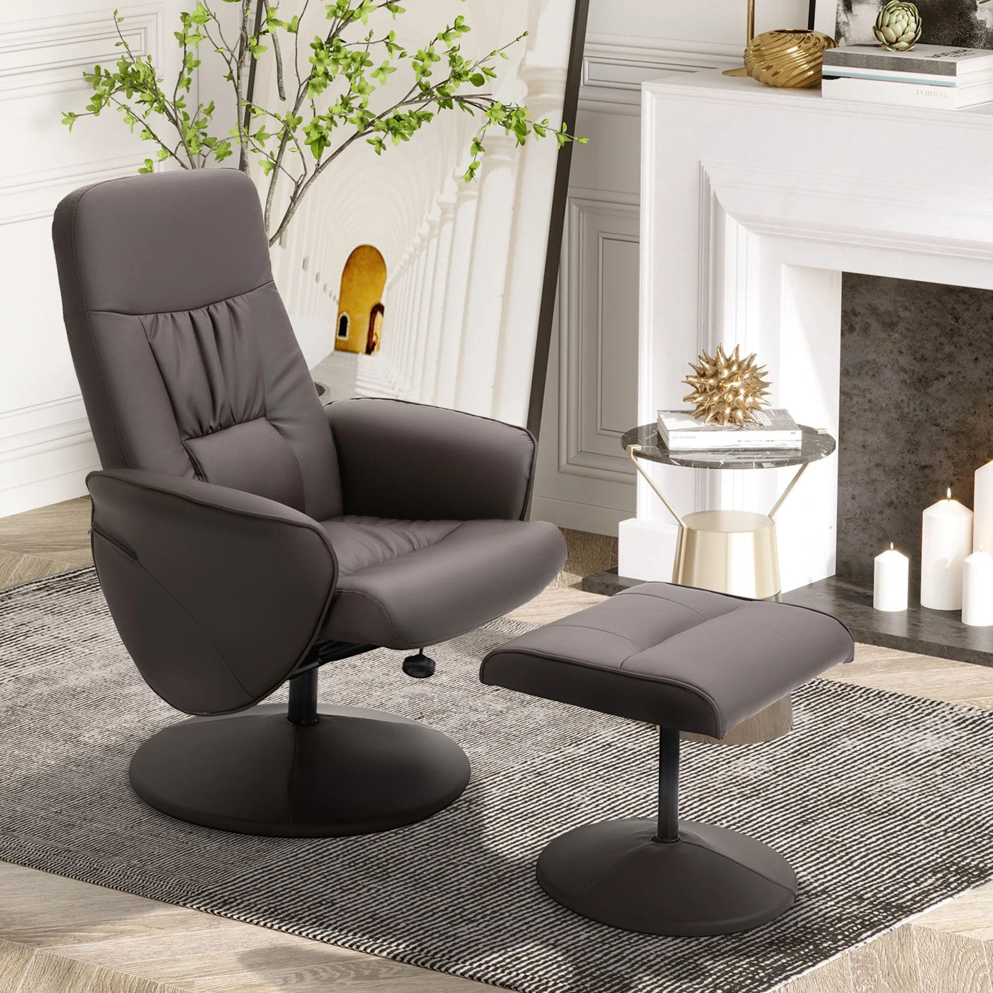 Executive Recliner Chair High Back and Footstool Armchair Lounge Seat Brown - Image 2