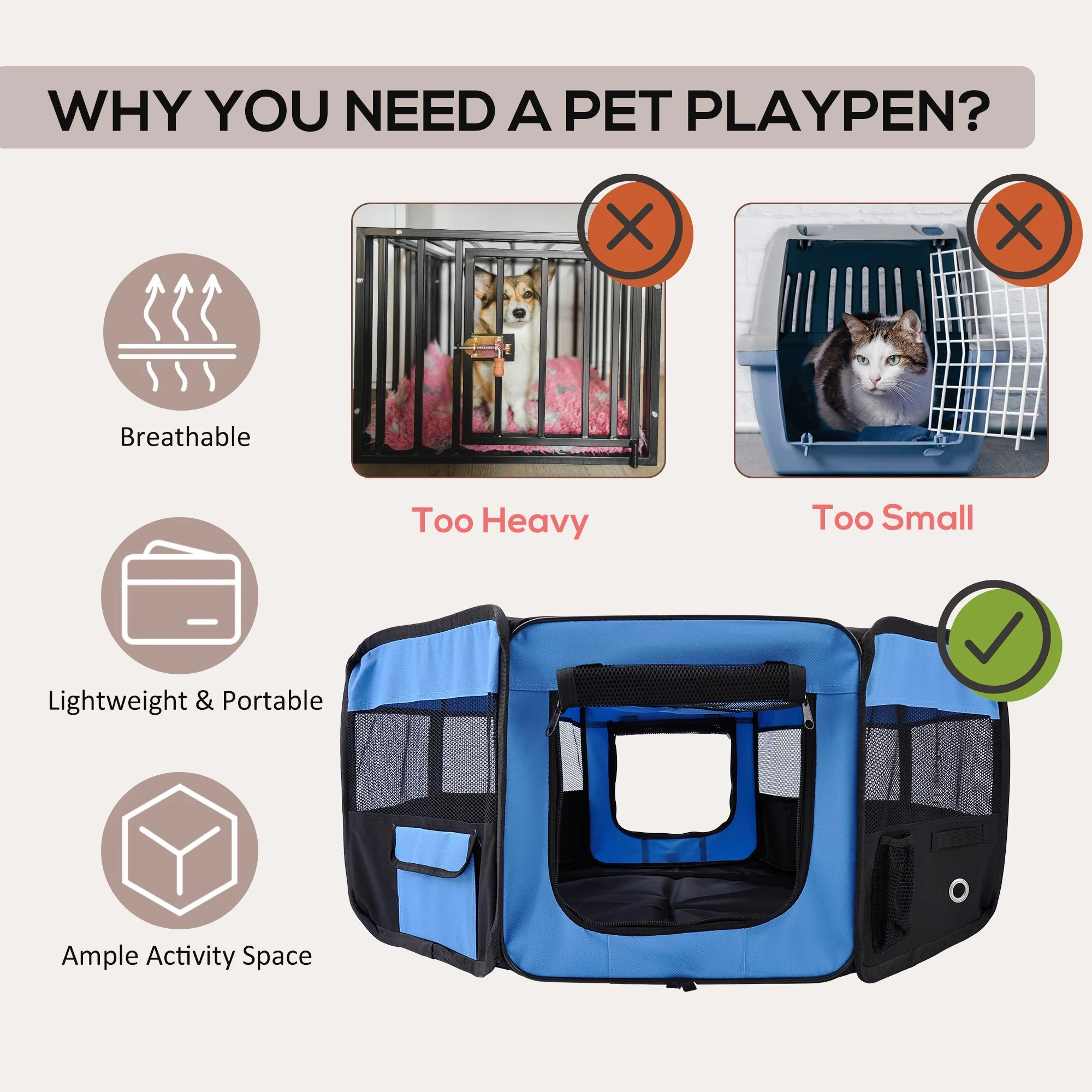 Fabric Dog Pens Pet Puppy PlayPen Dog Crate?37cmx37cmx95cm-Blue/Black - Image 4