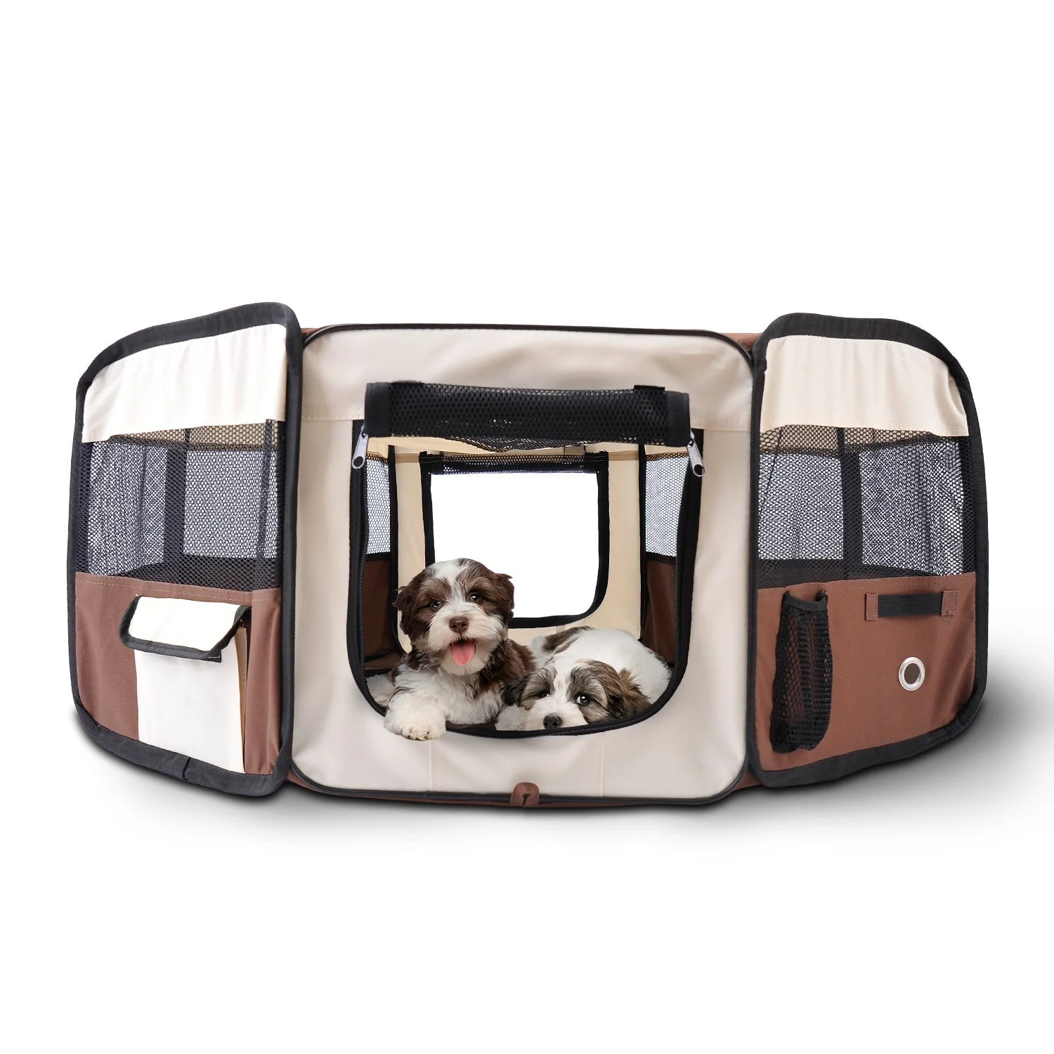 Fabric Dog Pens Pet Puppy PlayPen Dog Crate 37cmx37cmx95cm-Brown/Cream - Image 3
