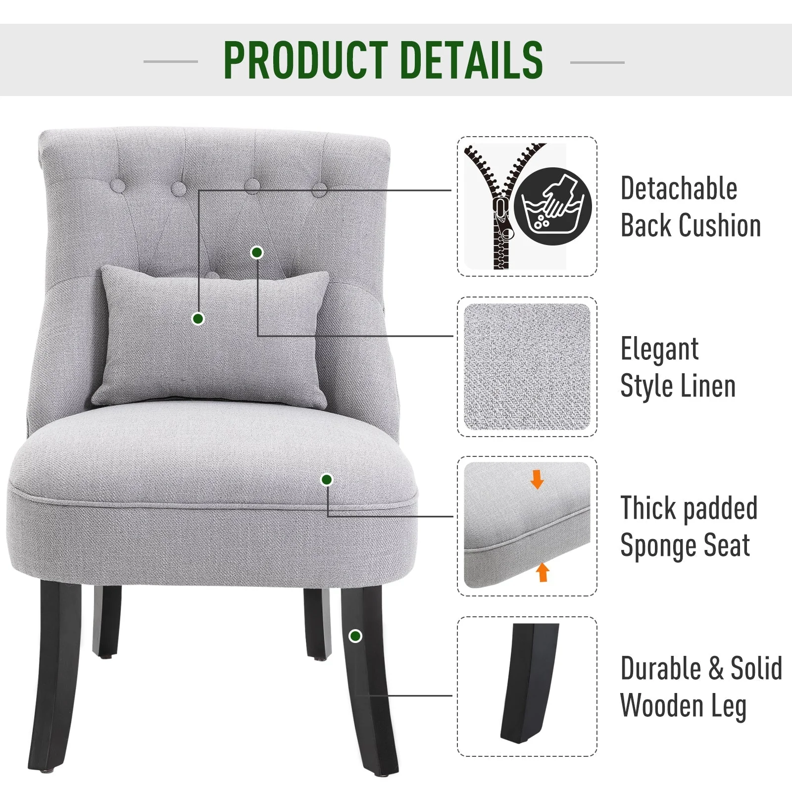Fabric Single Sofa Dining Chair Tub Chair Upholstered W/ Pillow Solid Wood Leg Home Living Room Furniture Grey - Image 6