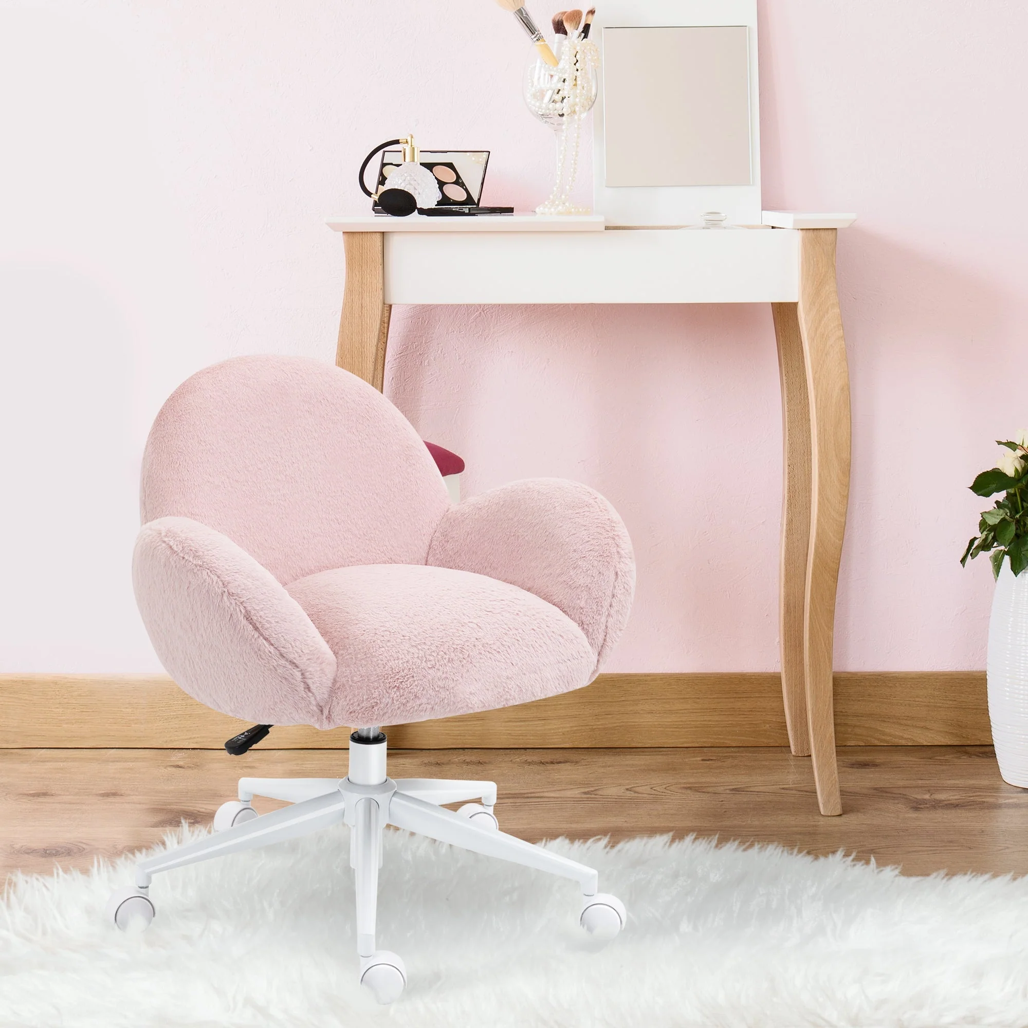 Fluffy Leisure Chair Office Chair with Backrest and Armrest for Home Bedroom Living Room with Wheels Pink - Image 7