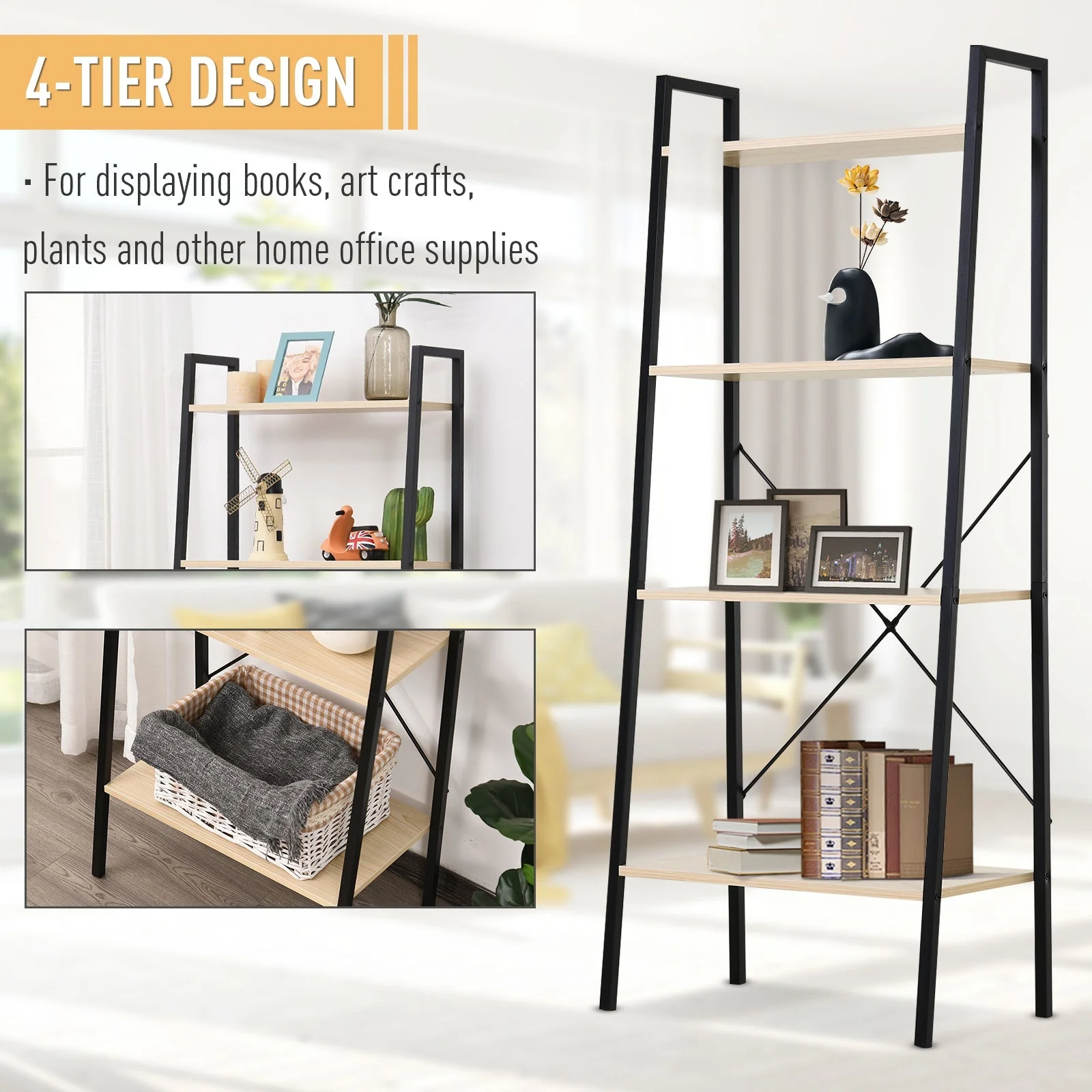 Four-Tier Metal Frame Minimal Shelving Unit - Black - Image 5