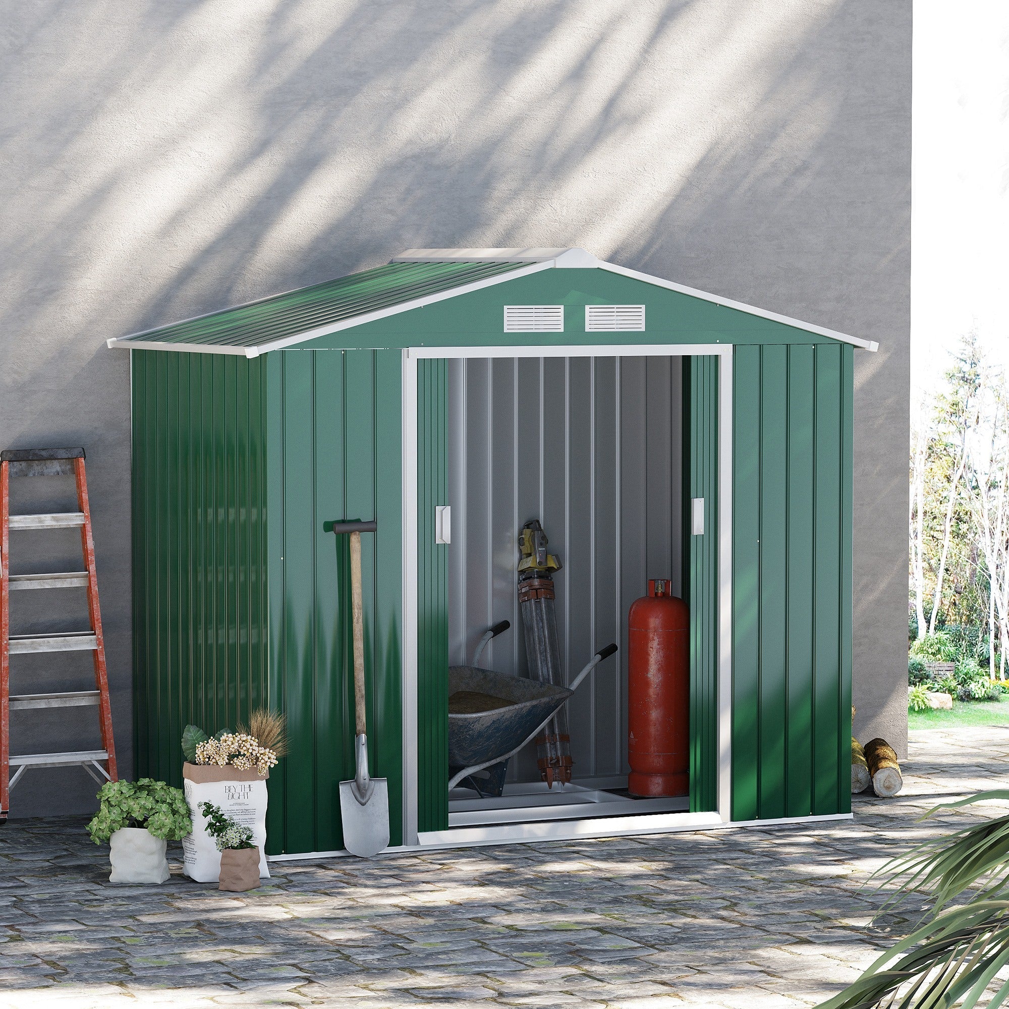 Galvanised 7 x 4' Double Door Reverse Apex Garden Shed Lockable Steel Green by Steadfast - Image 2