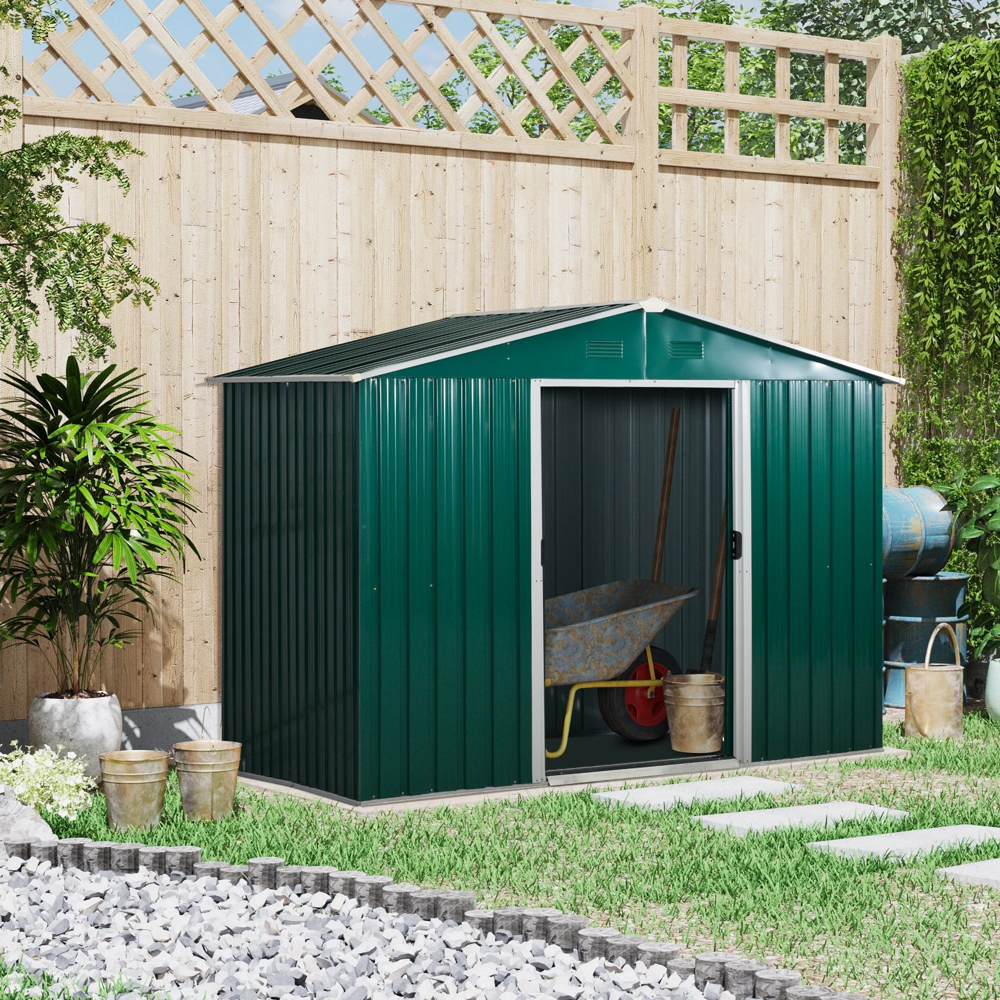 Galvanised 8 x 6' Sliding Double Door Apex Garden Shed With Ventilation Steel Green by Steadfast - Image 2